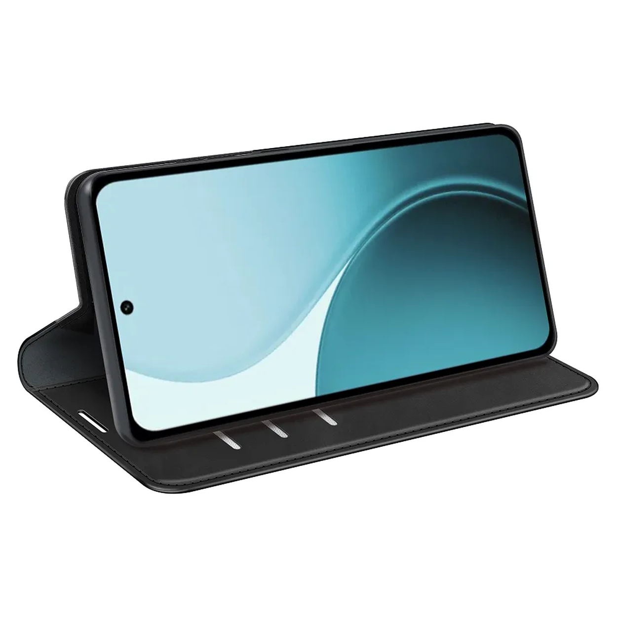 Un smartphone noir dans un étui à rabat est affiché. L'écran affiche un motif de vagues bleu clair. L'étui est ouvert et incliné.