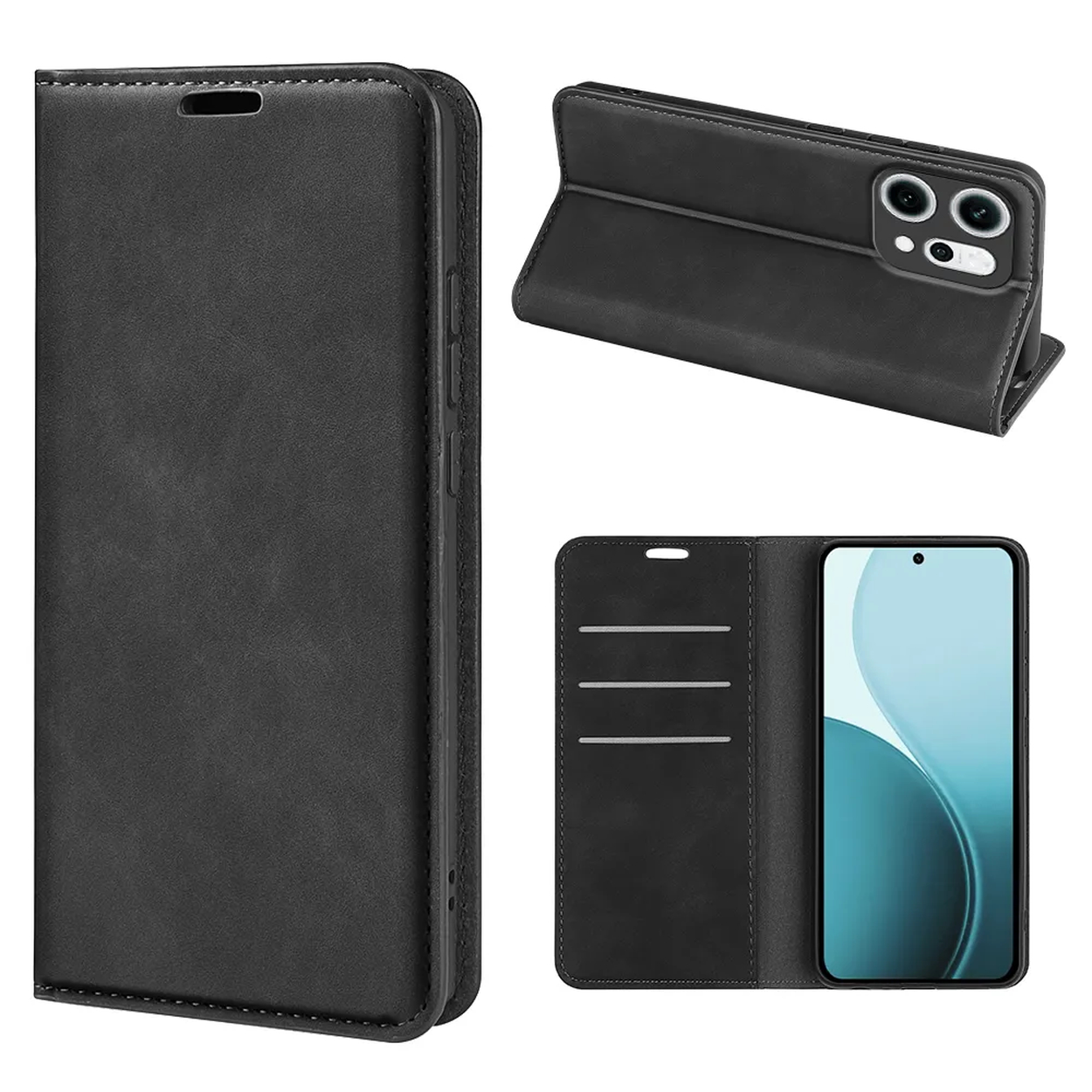 Un étui de téléphone en cuir noir, fermé, ouvert avec téléphone et comme support. Design élégant avec des fentes pour cartes.