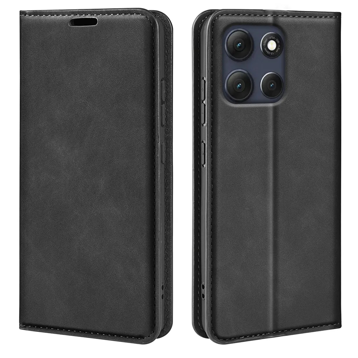 Black phone case open and closed, showing camera and screen details. Stitching and button details are also visible.
