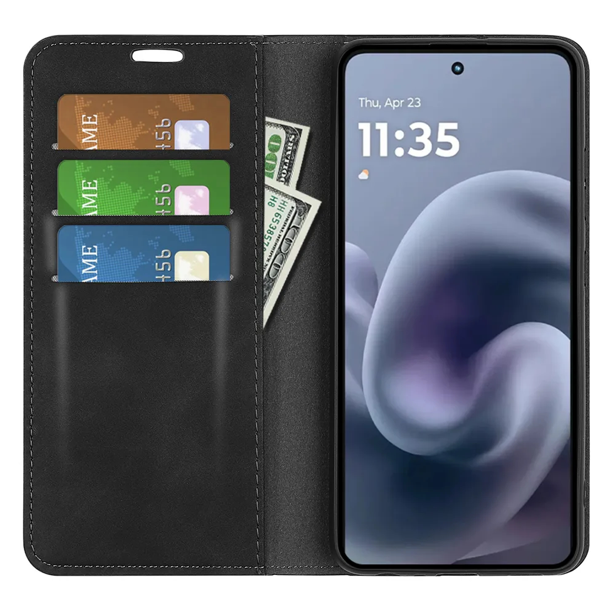 Black phone case with a phone displaying 11:35. Inside, three cards and two dollar bills are visible. The case is open.