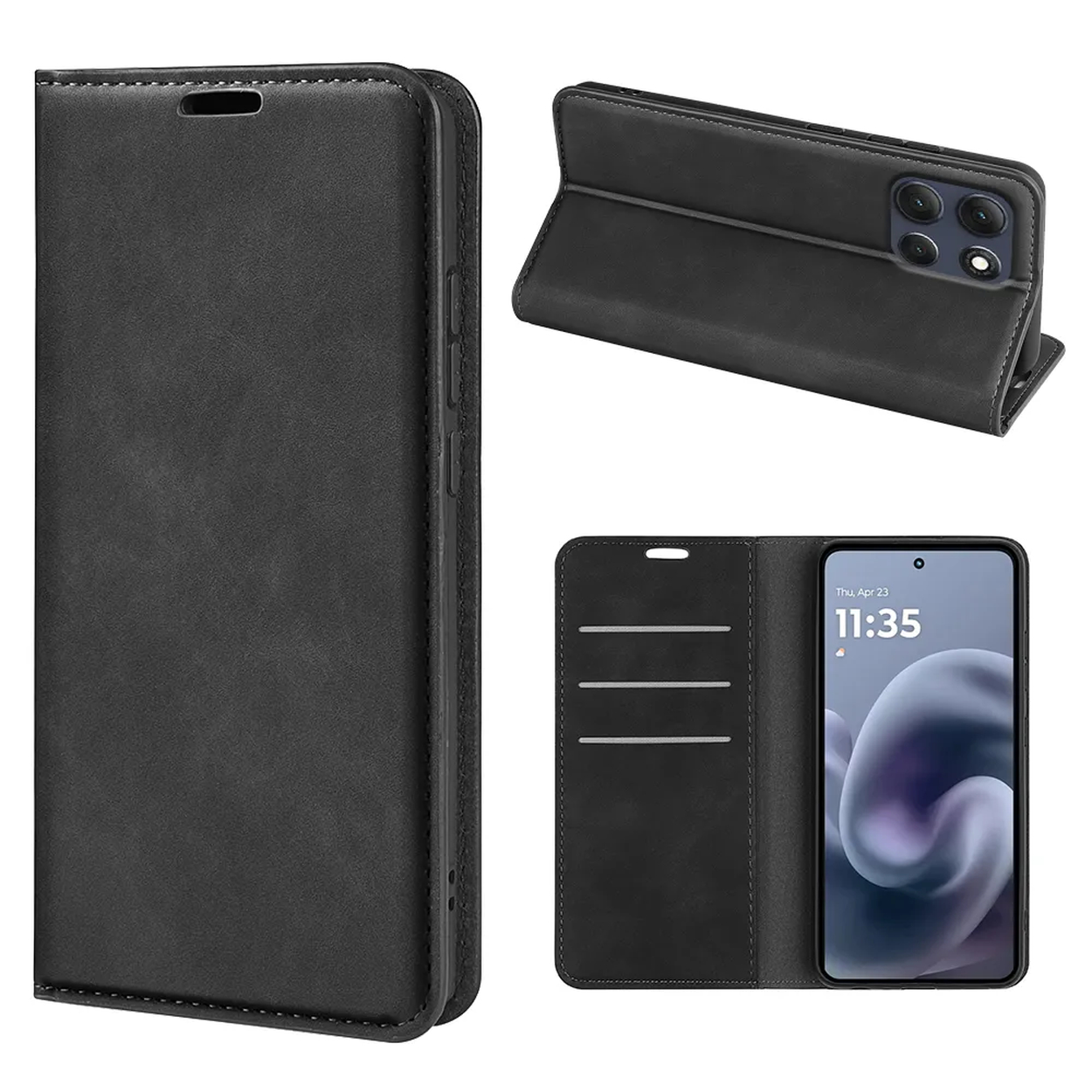Black leather phone case in three views: closed, open with phone, and phone in stand. Features card slots and phone screen.