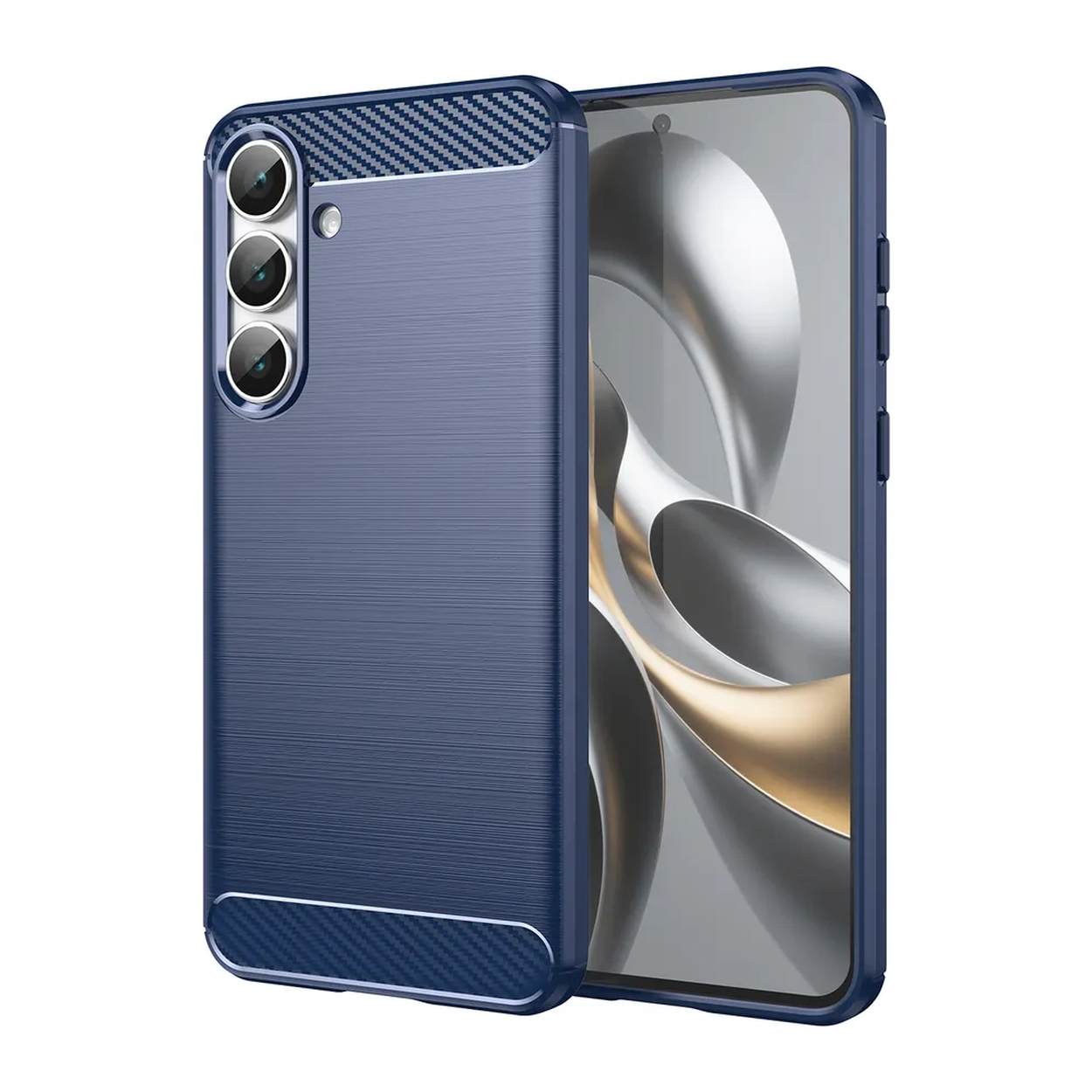 Un étui de smartphone bleu avec un accent en fibre de carbone. L'écran affiche un design or et argent.