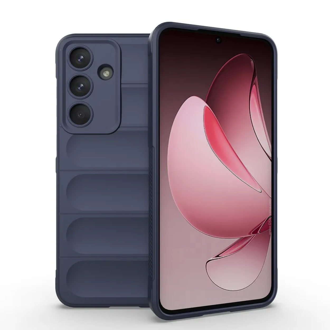 Een marineblauwe smartphonehoes met een bijpassende telefoon. De telefoon toont een abstract roze en wit ontwerp op het scherm.