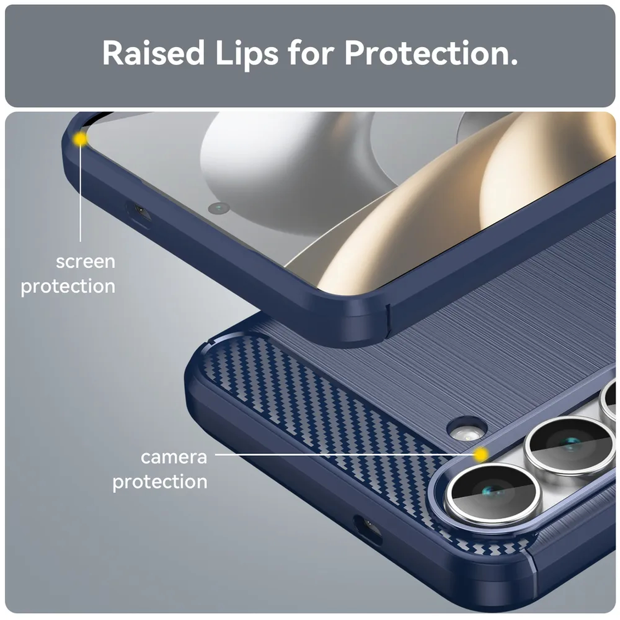 Gros plan sur une coque de téléphone. La coque est bleu marine. Elle a des bords surélevés pour la protection de l'écran et de l'appareil photo.