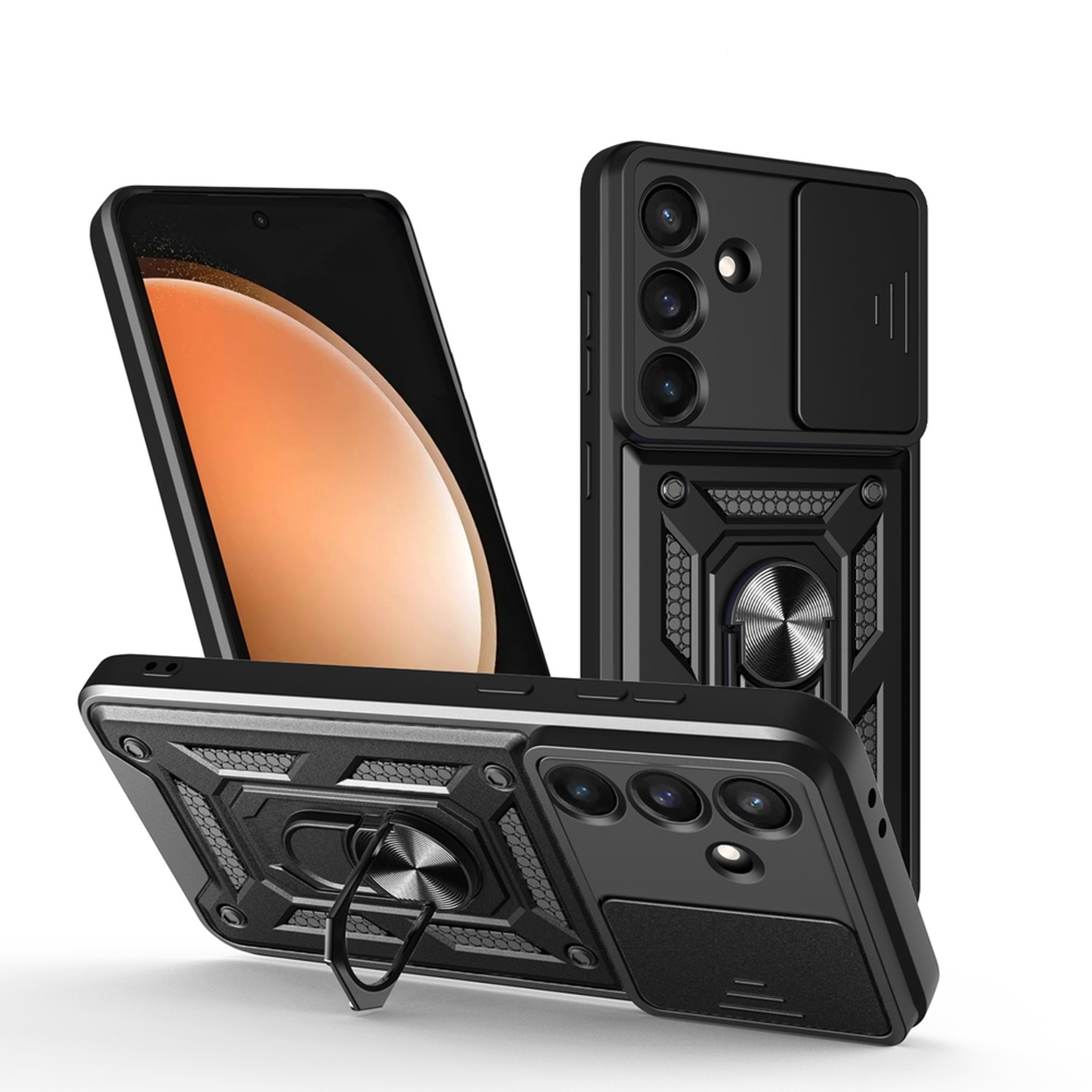Trois étuis de téléphone noirs avec des fonctions de protection. Un téléphone affiche un dégradé orange. Les étuis ont des couvercles de caméra et des supports de bague.
