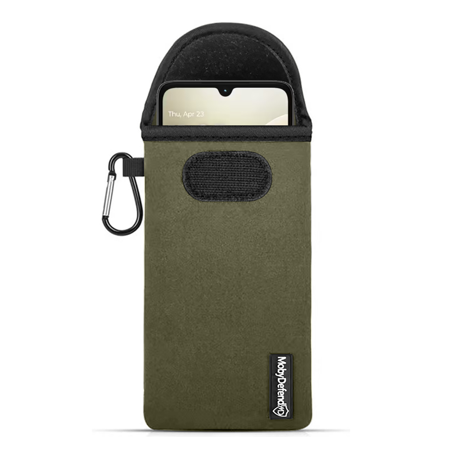 Un étui de téléphone vert avec un téléphone à l'intérieur. Il a un dessus noir et un mousqueton noir. La marque MobyDefend est visible.