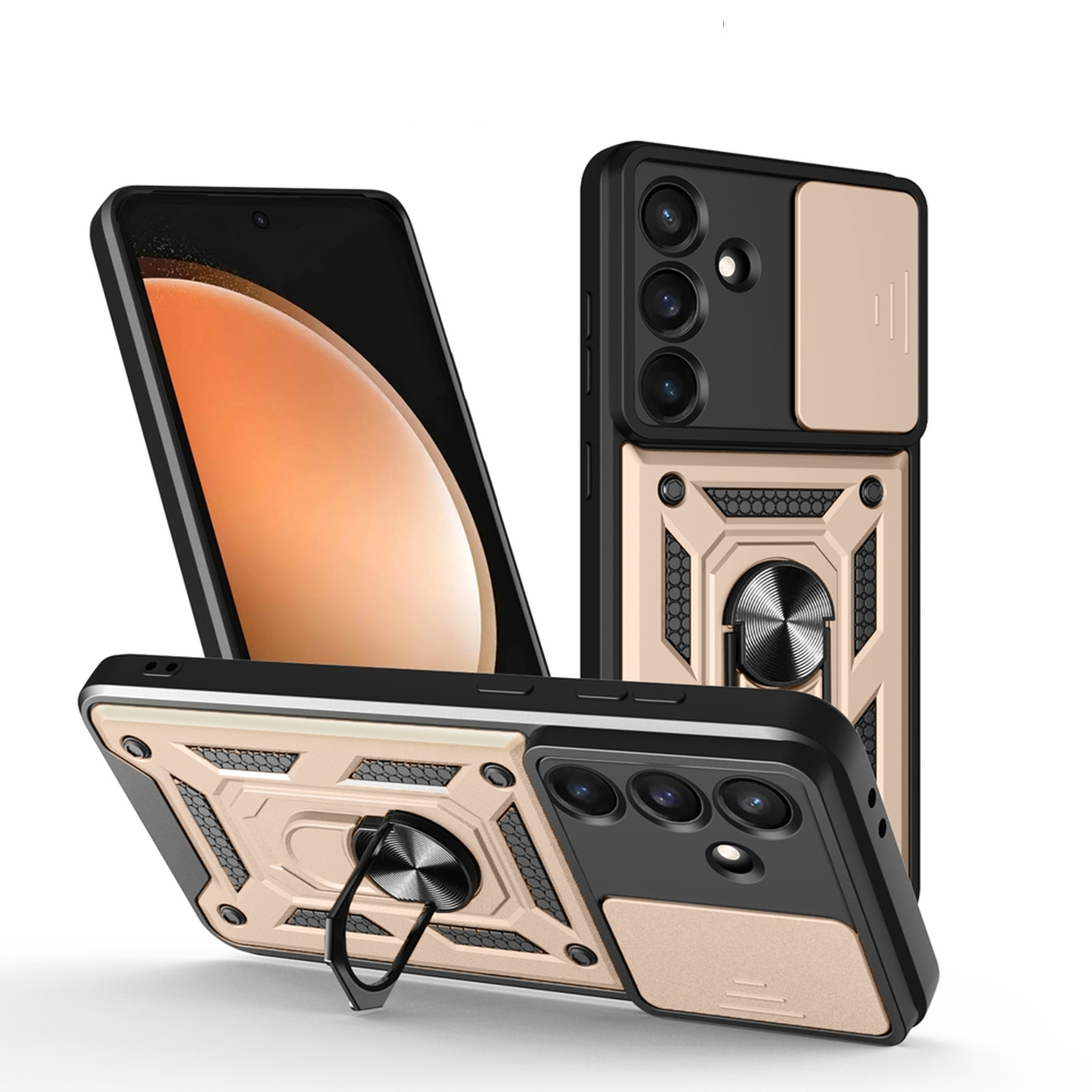 Trois étuis de téléphone avec un design noir et doré sont affichés. Un étui est incliné, un est debout et un est couché.