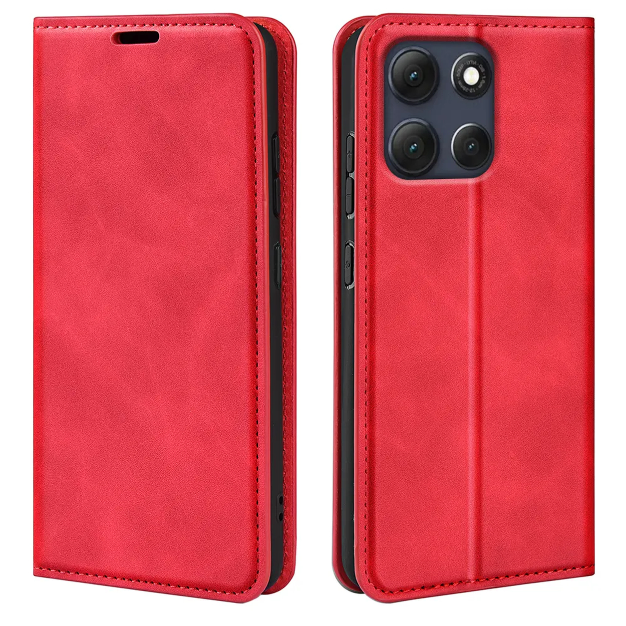 Two red phone cases, one closed and one open revealing a phone with four cameras. Both have stitched edges.