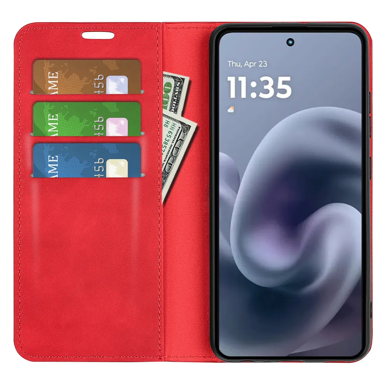 Red phone case with a smartphone. Case has card slots with cards and money. Phone displays the time.