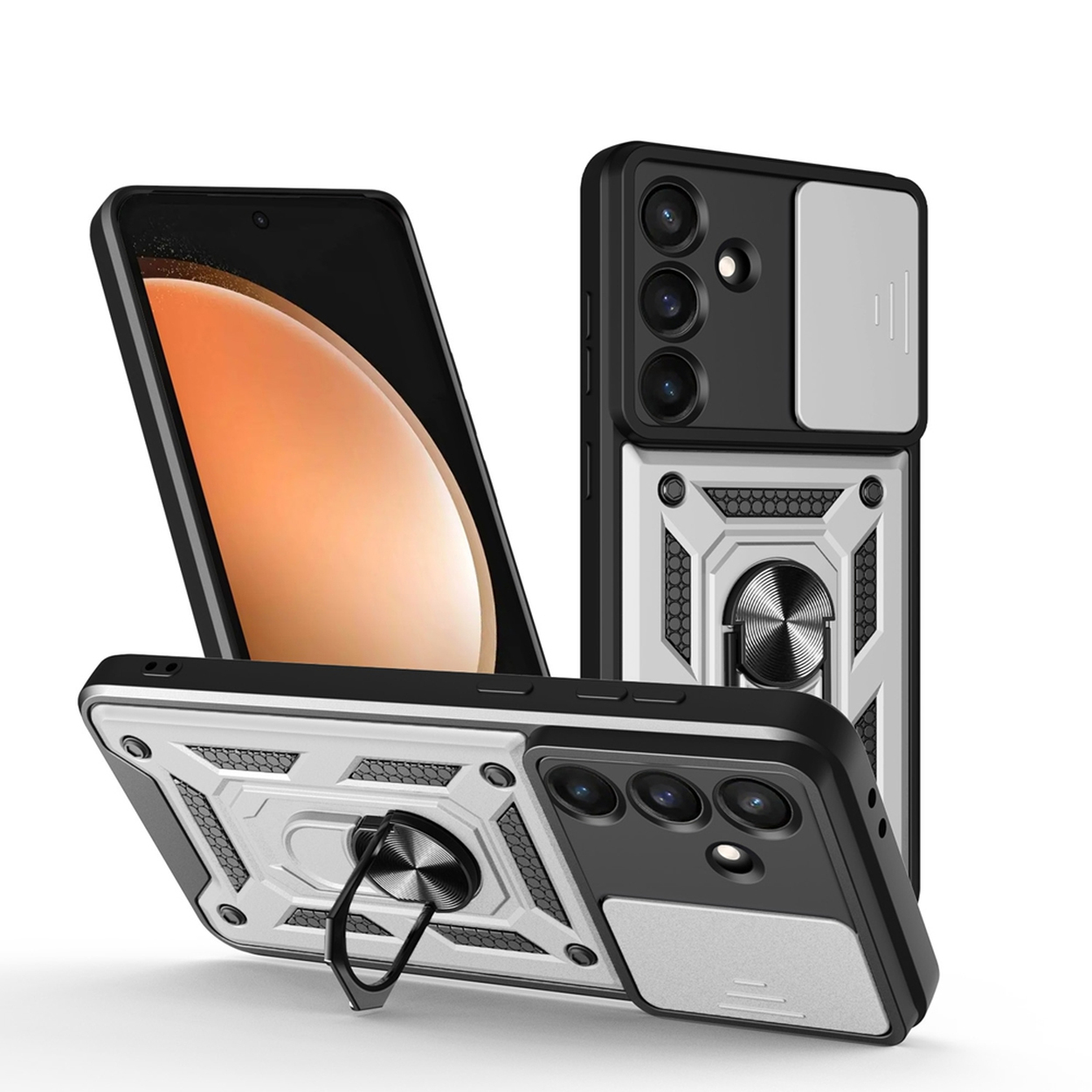 Zwarte en zilveren telefoonhoesjes met ringhouders. Drie hoesjes worden in verschillende hoeken getoond, waarbij het ontwerp en de kenmerken worden getoond.
