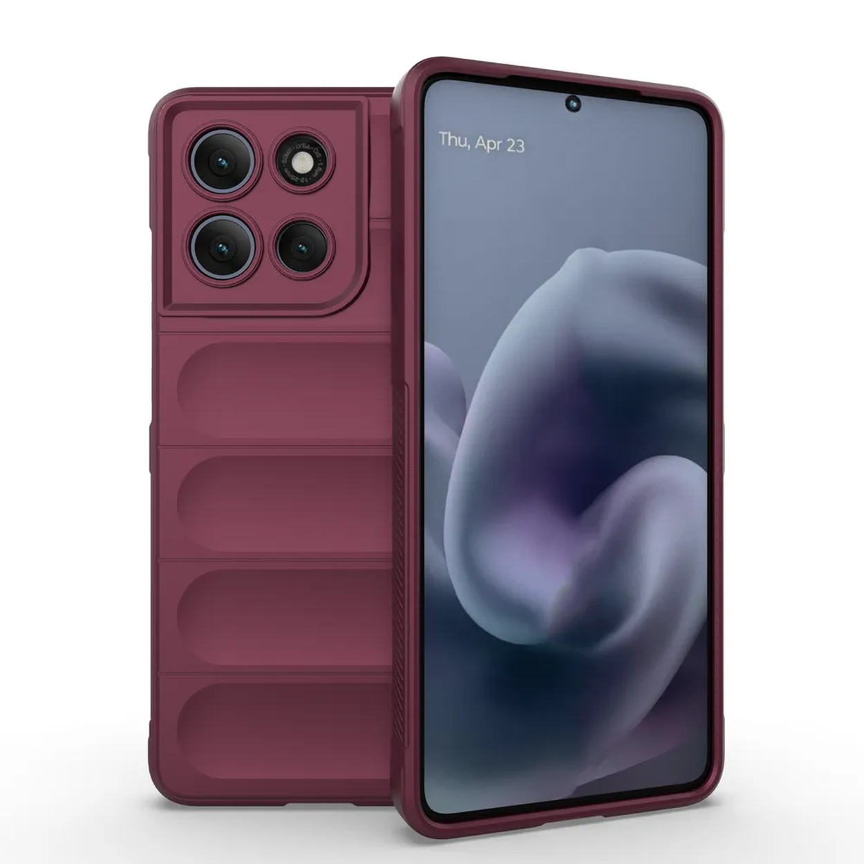 Een bordeauxrode smartphone met beschermhoes wordt getoond. Het scherm toont een abstracte afbeelding en de datum 'Thu, Apr 23'.