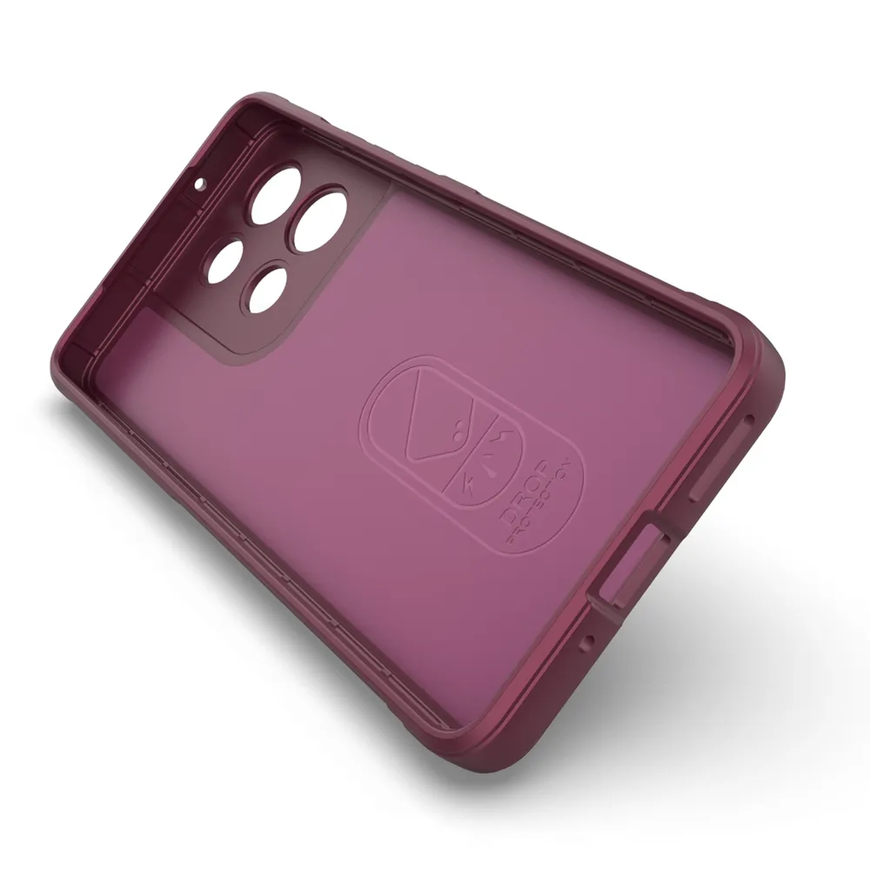 Een bordeauxrode telefoonhoes met camera-uitsparingen. De hoes is gekanteld en toont de binnenkant en een logo.