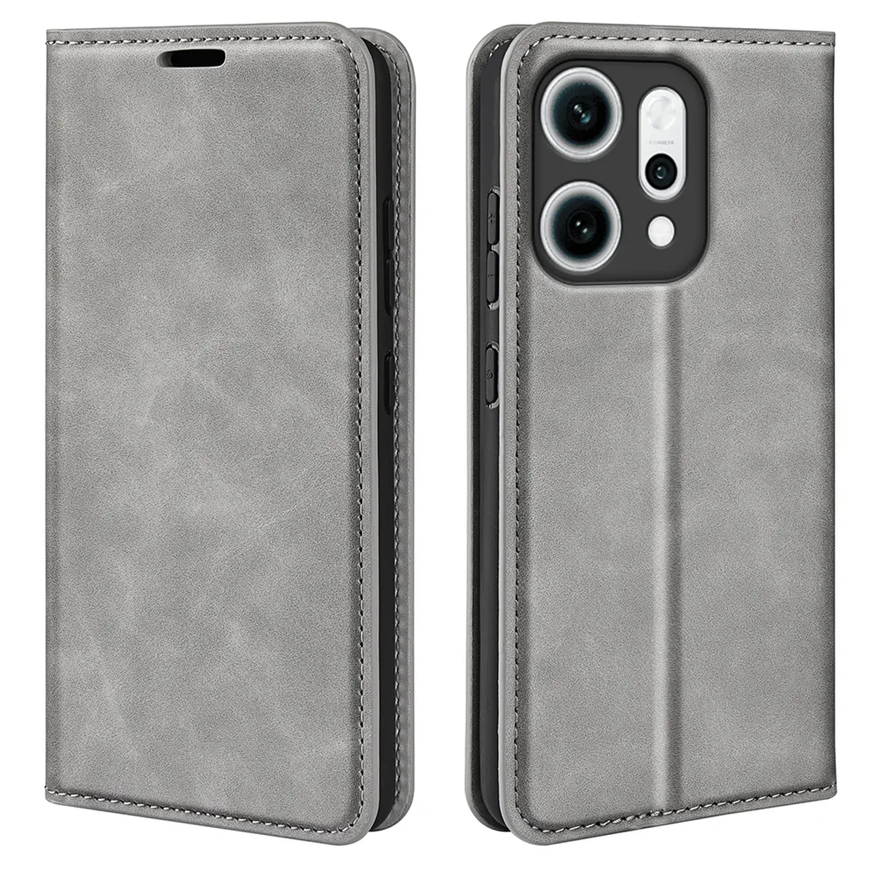 Een grijze leren telefoonhoes is open en dicht afgebeeld. De gesloten hoes heeft een flap. De open hoes onthult cameralenzen.