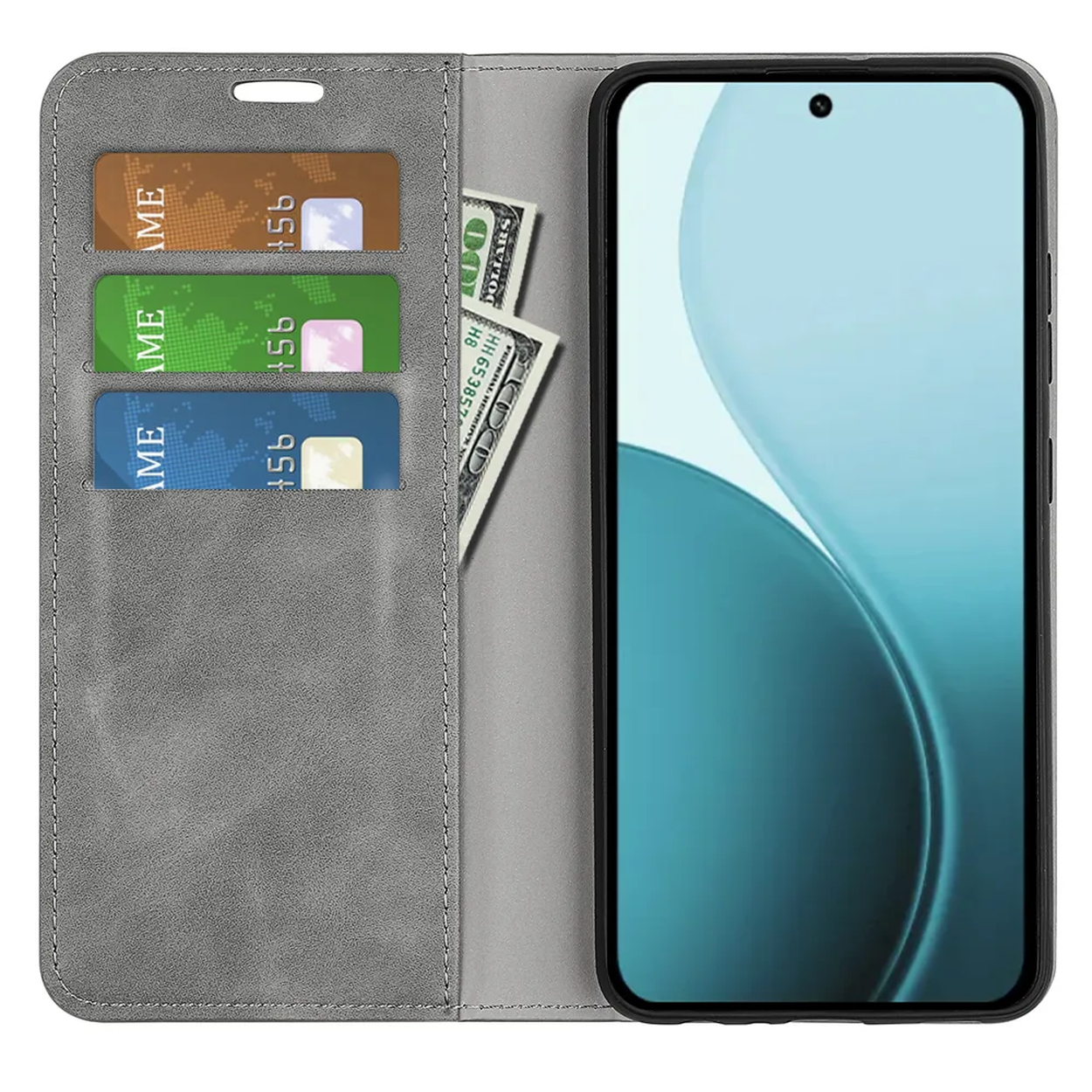 Een telefoonhoesje is open en onthult creditcards en geld. De telefoon staat rechts. De hoes is grijs.