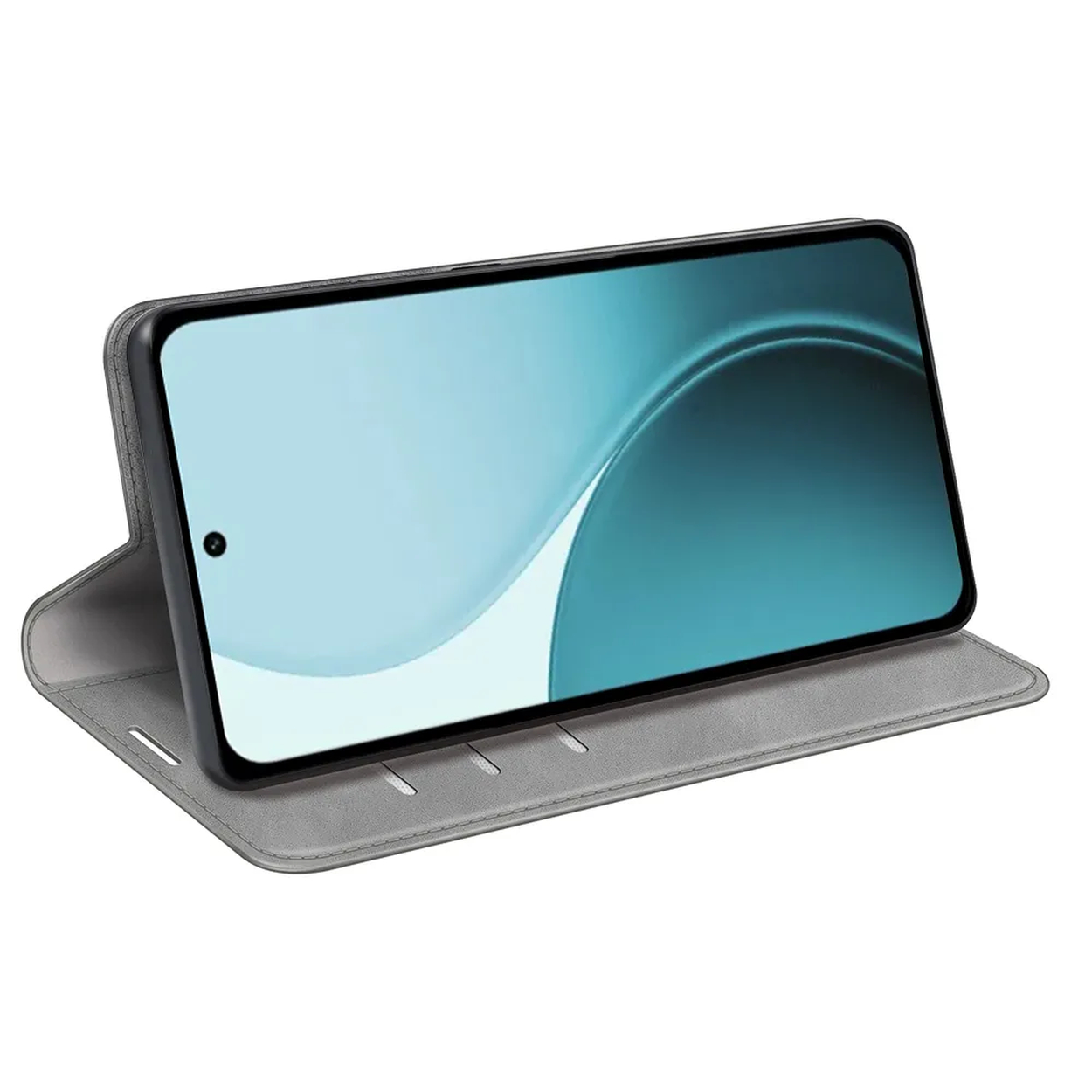 Een smartphone in een grijze hoes, omhoog gezet. Het scherm toont een blauwe gradiënt. De hoes heeft sleuven en is open.