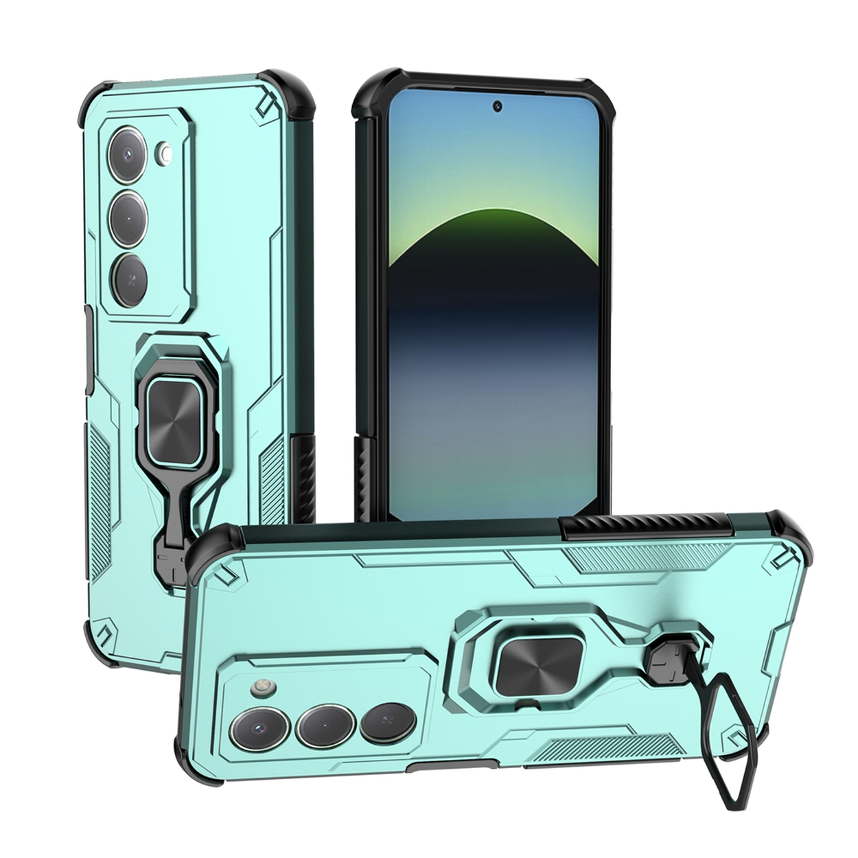 Drie telefoonhoesjes in een studio. Ze zijn zeegroen met zwarte accenten. Elke hoes heeft een ringhouder en camera-uitsparingen.