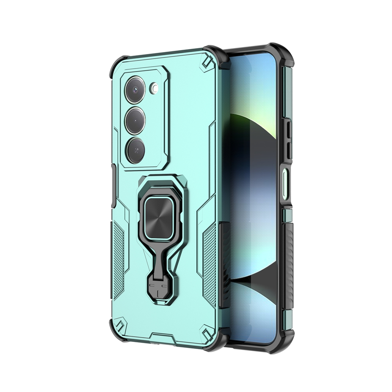 Een turquoise telefoonhoesje met een zwart frame. Het heeft een ringhouder en camera-uitsparingen. Het scherm is zichtbaar.