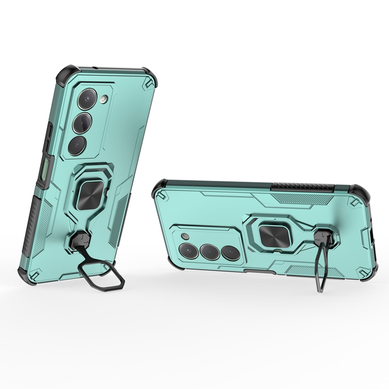 Twee blauwgroene telefoonhoesjes met zwarte accenten. Eén staat rechtop, de andere horizontaal. Beide hebben een ring en lenzen.