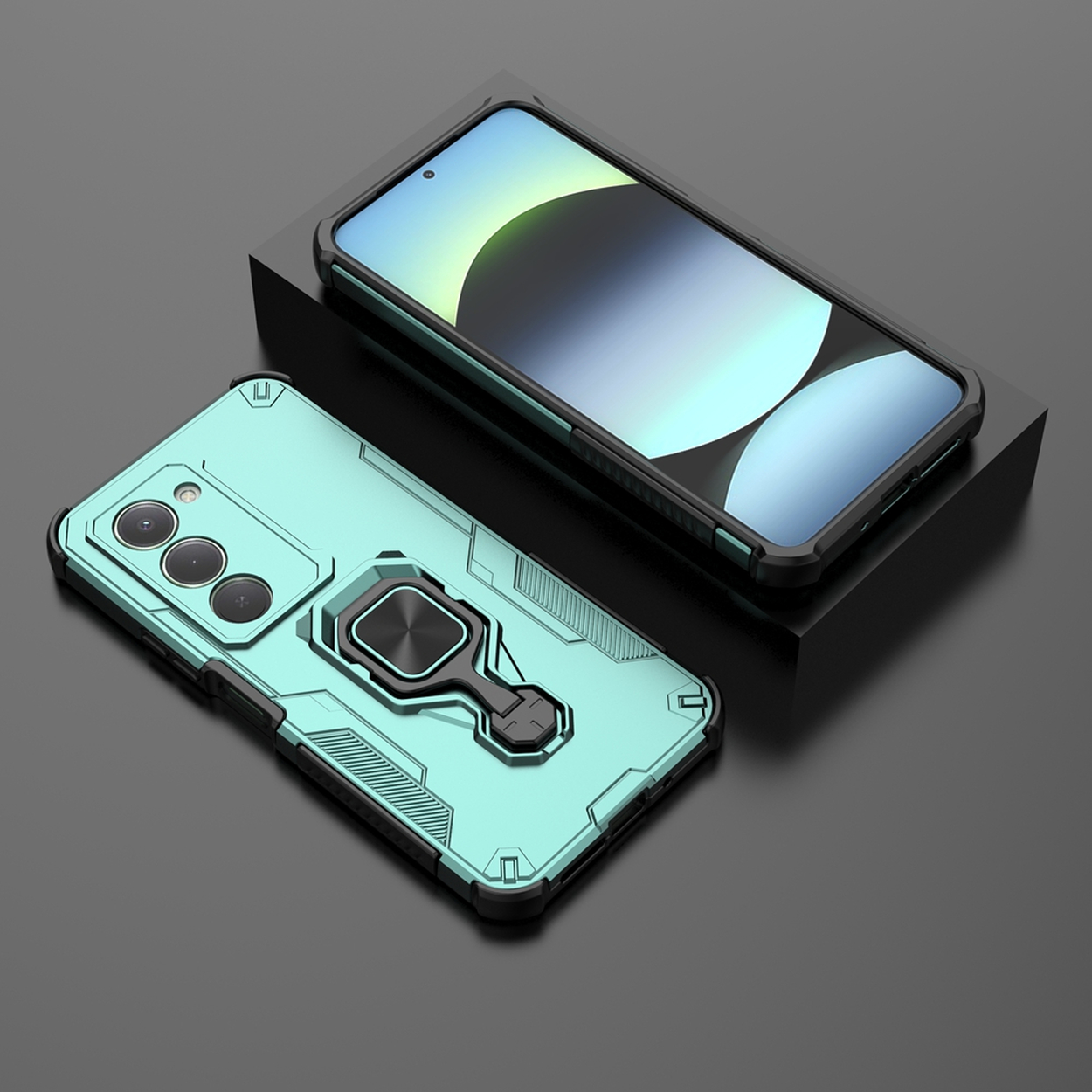 Twee mobiele telefoons met beschermhoezen. Eén staat op een zwarte standaard. De andere ligt op het oppervlak. Beide hebben een turkooizen kleur.