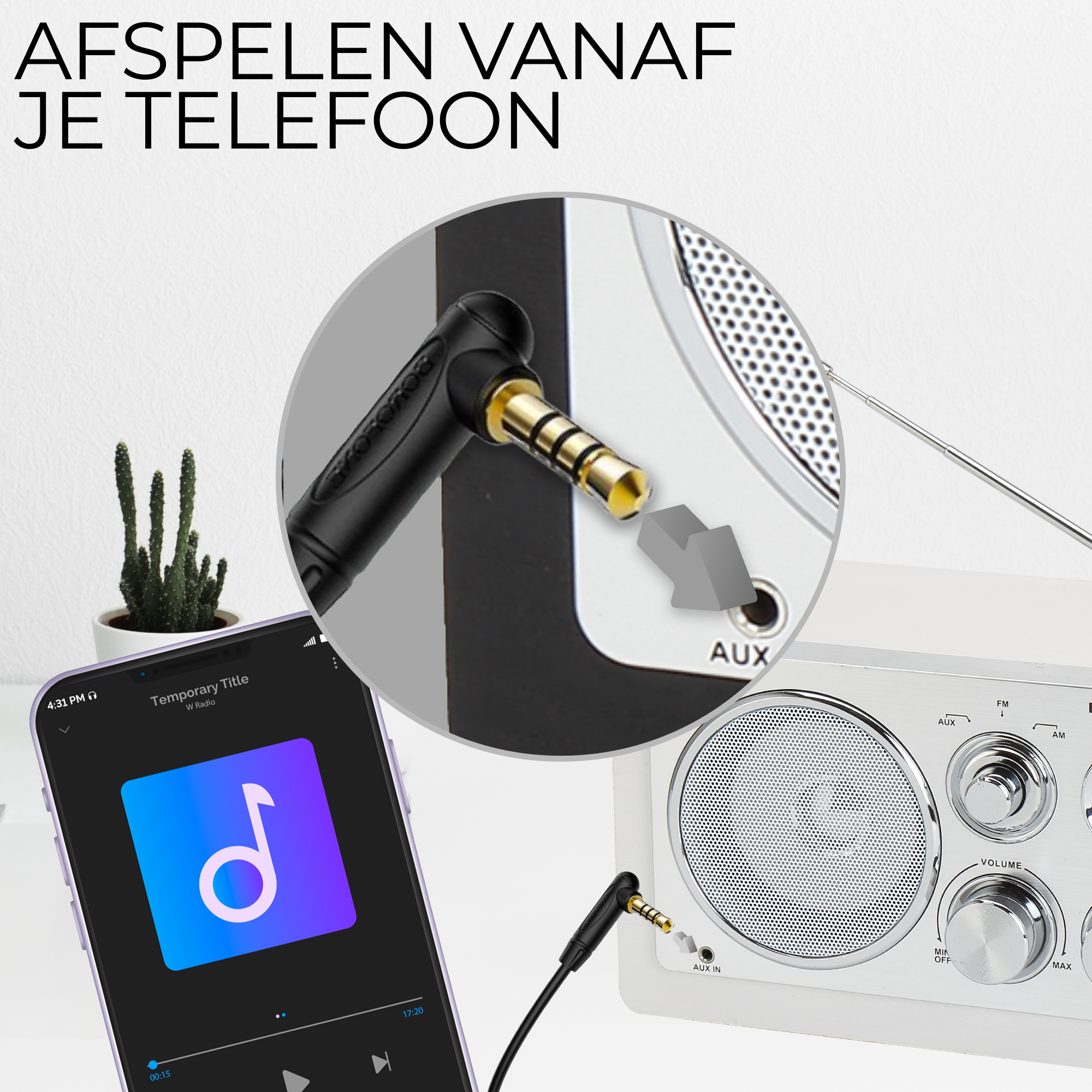 A phone playing music is connected via an AUX cable to a white radio. A cactus is in the background.