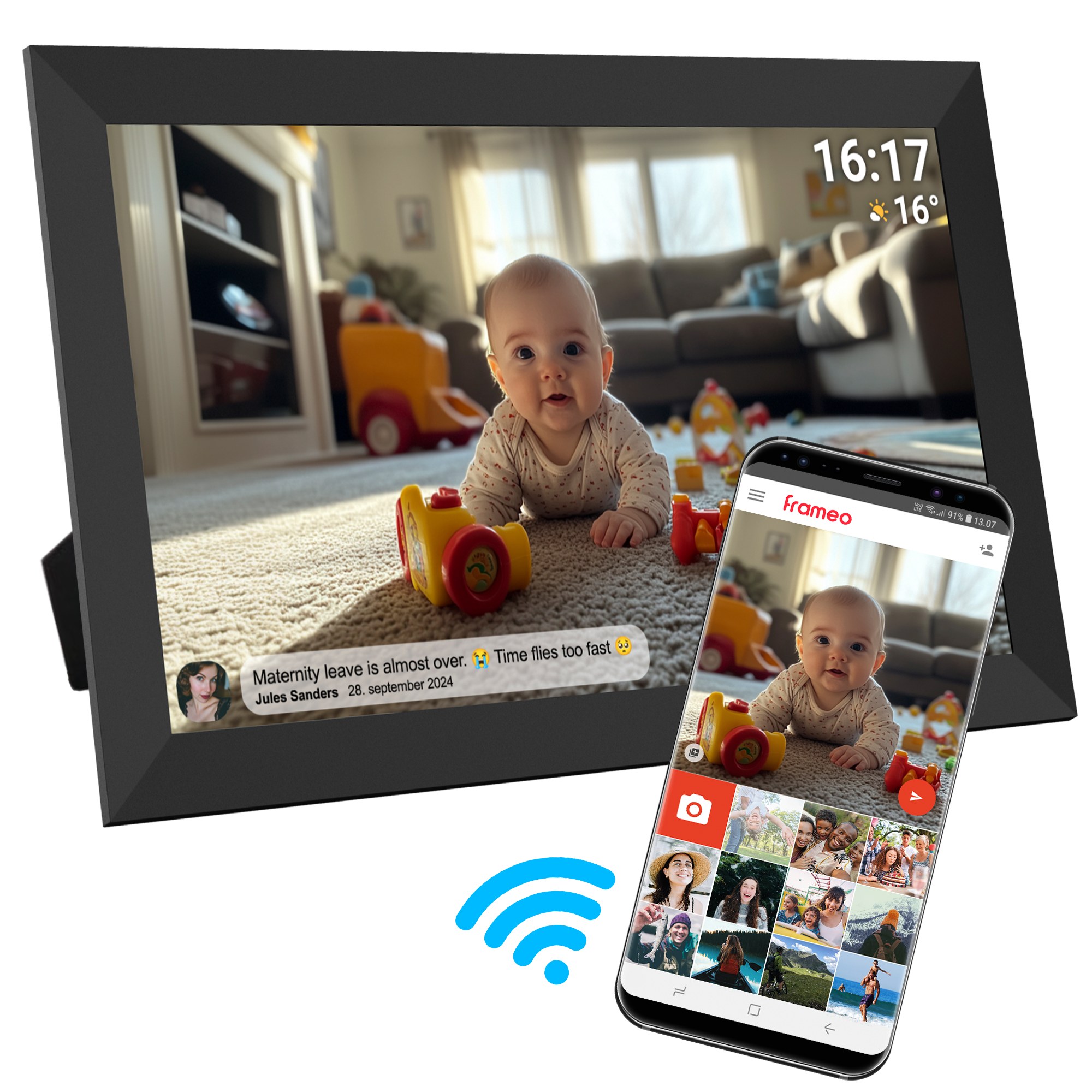 Ein Baby liegt mit Spielzeug auf dem Teppich. Ein digitaler Fotorahmen und ein Smartphone zeigen dasselbe Bild. Wi-Fi-Symbol.