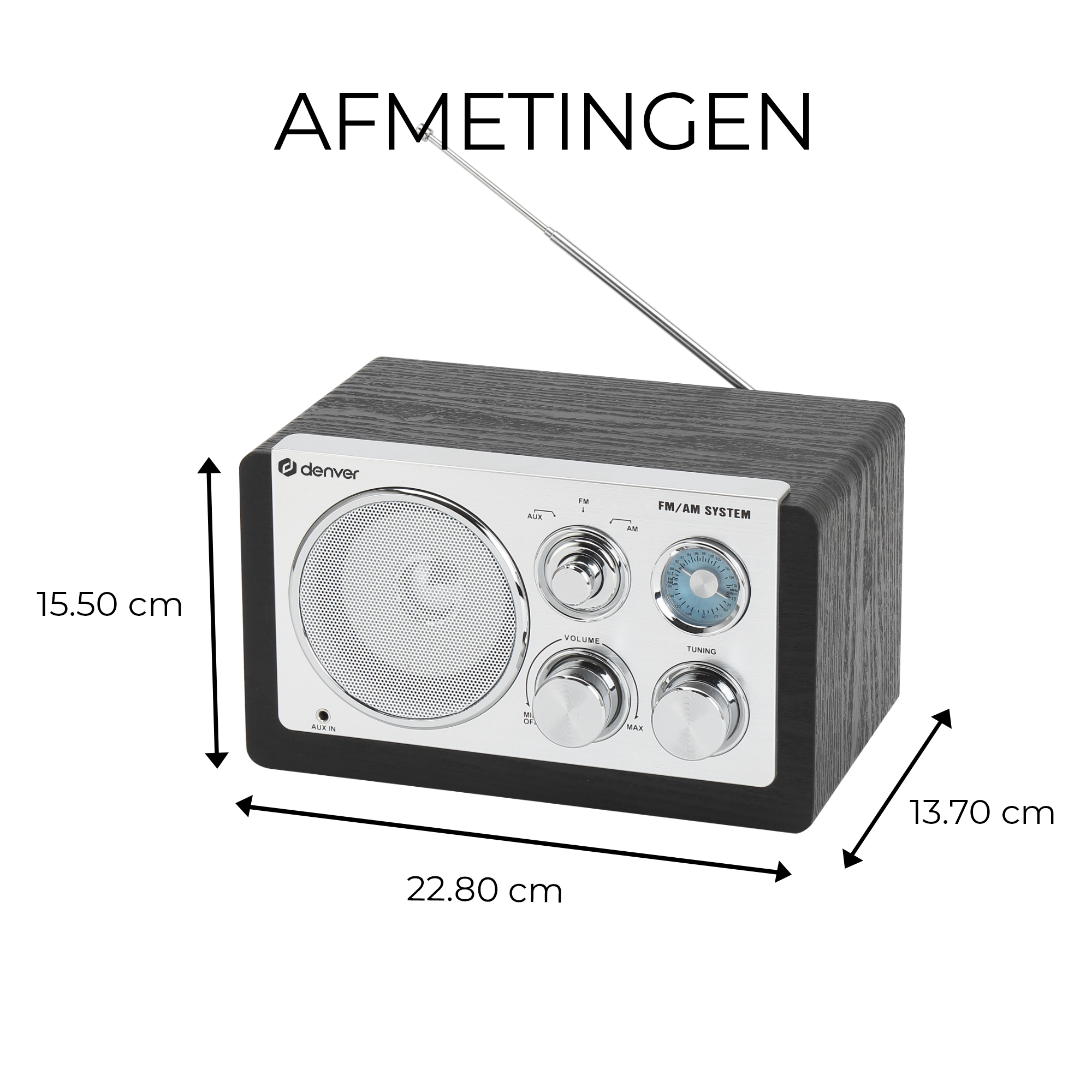 Drewniane radio ze srebrnymi elementami sterującymi. Wymiary: 22,80 cm x 13,70 cm x 15,50 cm. Marka to Denver.