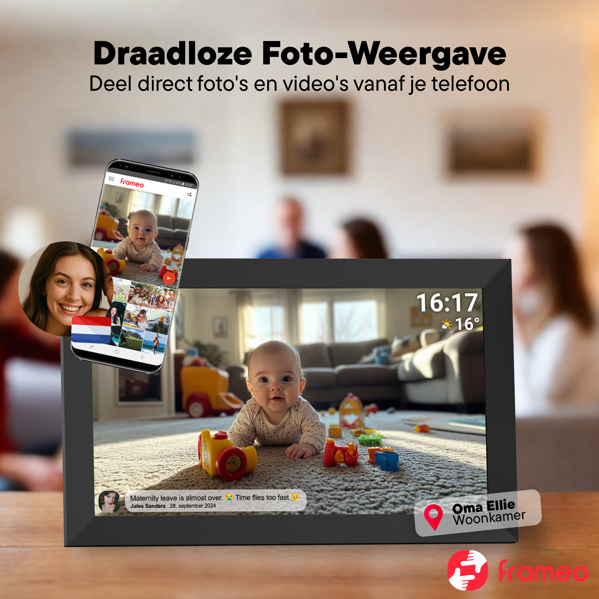 Ein digitaler Fotorahmen zeigt ein Baby, ein Telefon zeigt Fotos, mit dem Text 'Draadloze Foto-Weergave'. Andere Personen im Hintergrund.