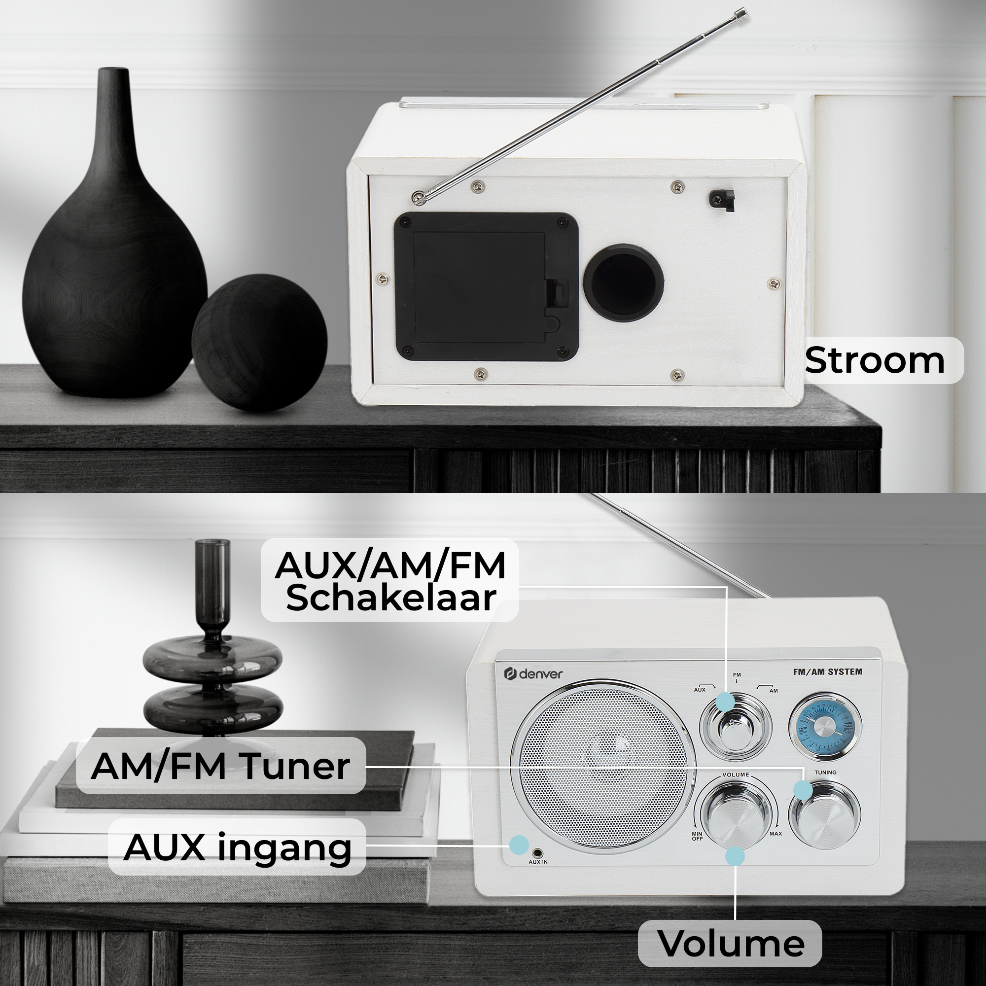 A white radio with wooden accents. It has control knobs, a speaker, and an antenna. Two black decorative objects are on the left.