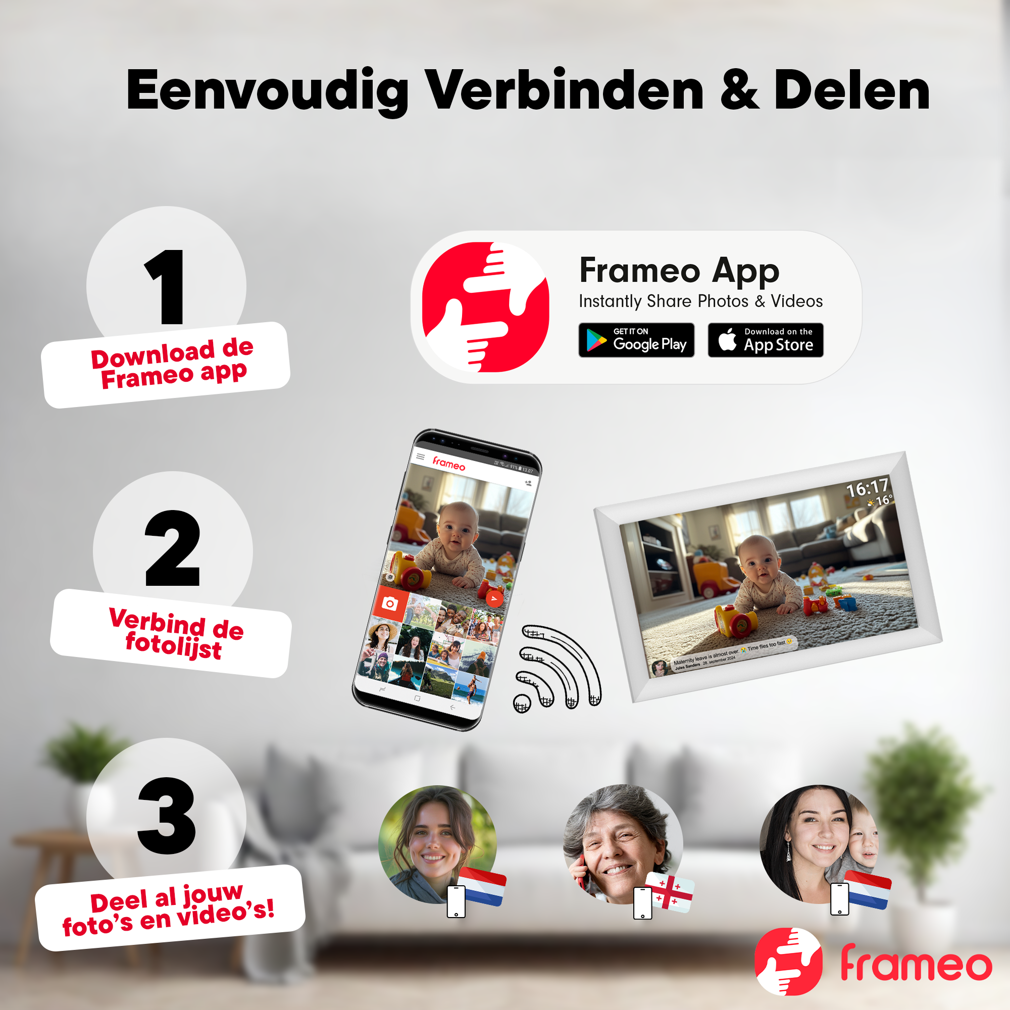 L'image montre les instructions pour l'application Frameo : télécharger, connecter le cadre photo et partager des photos/vidéos. Inclut les logos et des personnes.
