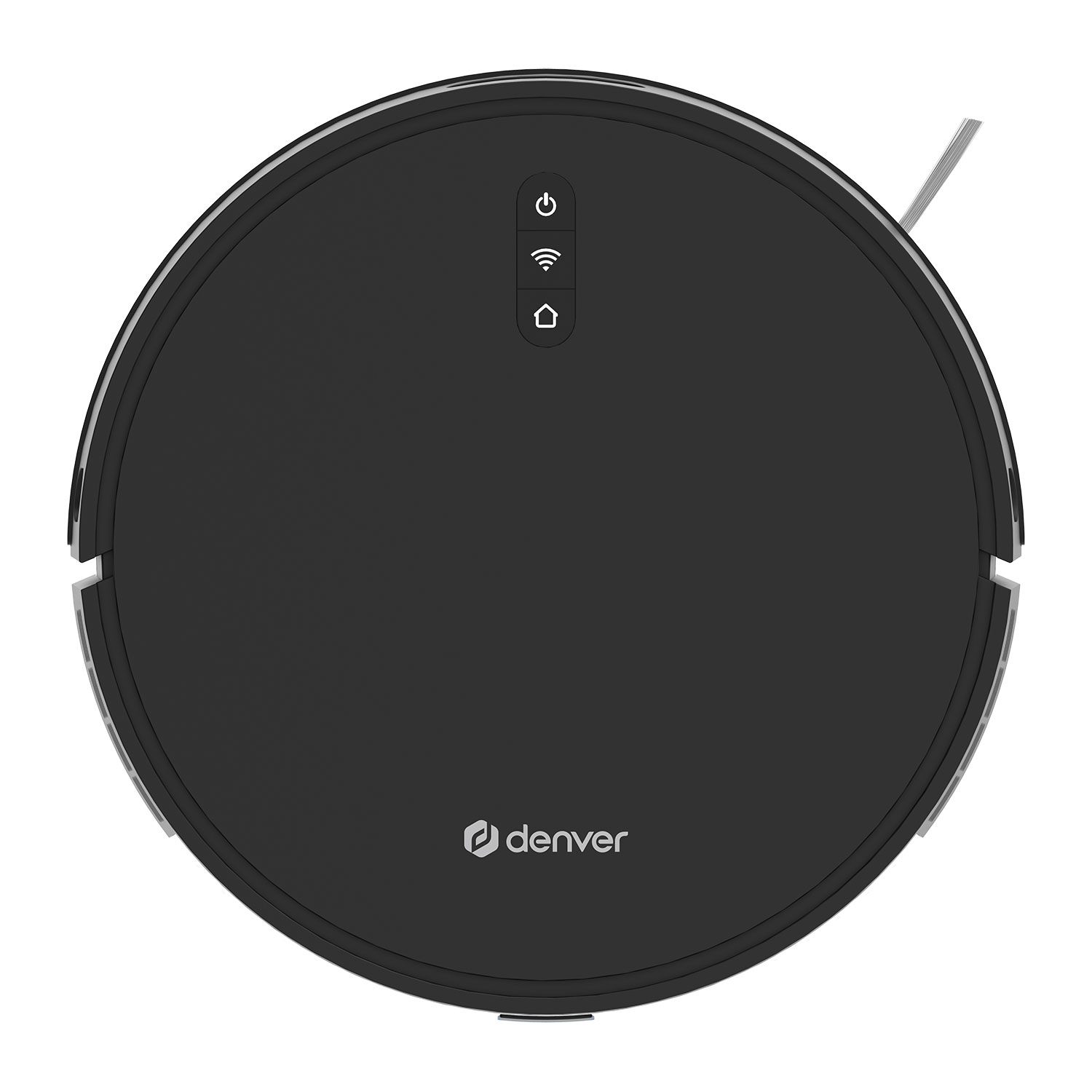 Un aspirapolvere robotico Denver nero. Ha un pulsante di accensione, un'icona Wi-Fi e un pulsante home. Il logo Denver è in basso.