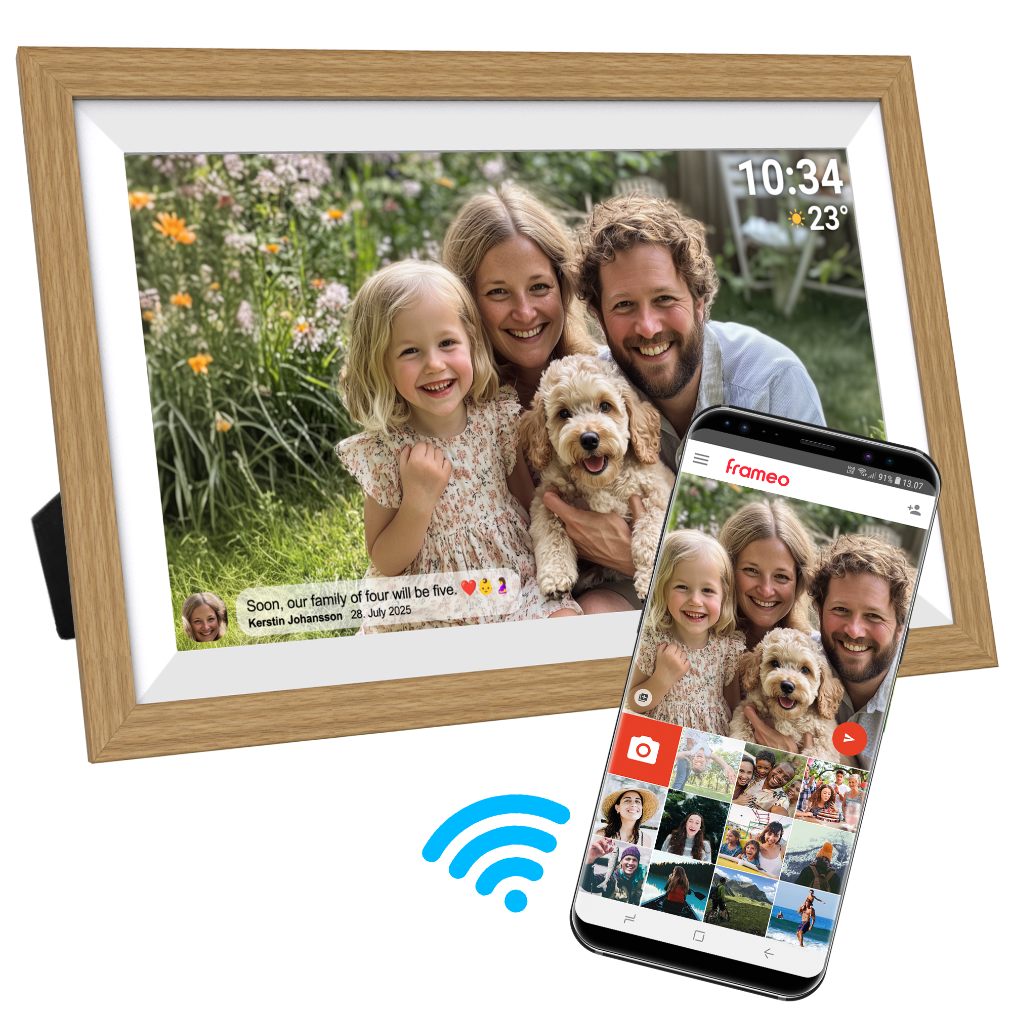 Ein digitaler Bilderrahmen zeigt ein Familienporträt. Ein Telefon, das den Bilderrahmen spiegelt, befindet sich rechts. Ein WLAN-Symbol befindet sich darunter.
