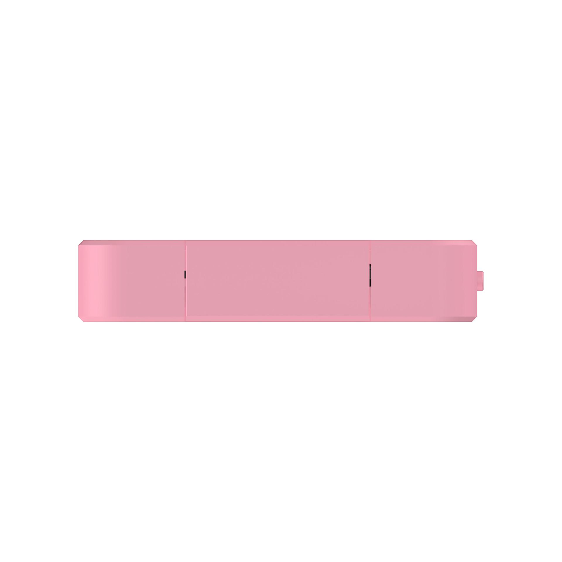 Różowy pendrive, płasko na białym tle. Jest prostokątny z małą sekcją na końcu.