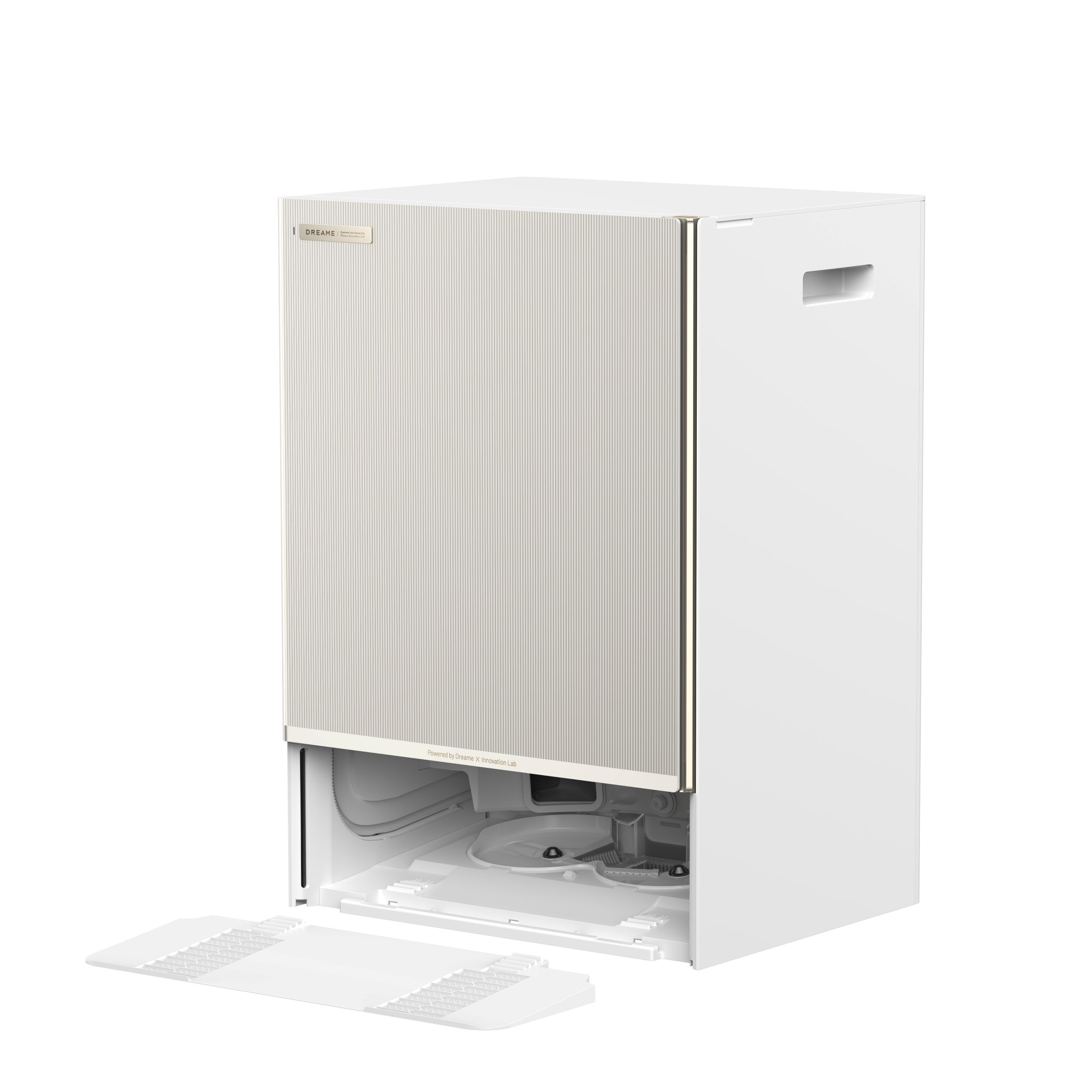 Electrodoméstico blanco con frente beige acanalado y fondo abierto. Una bandeja blanca al frente.