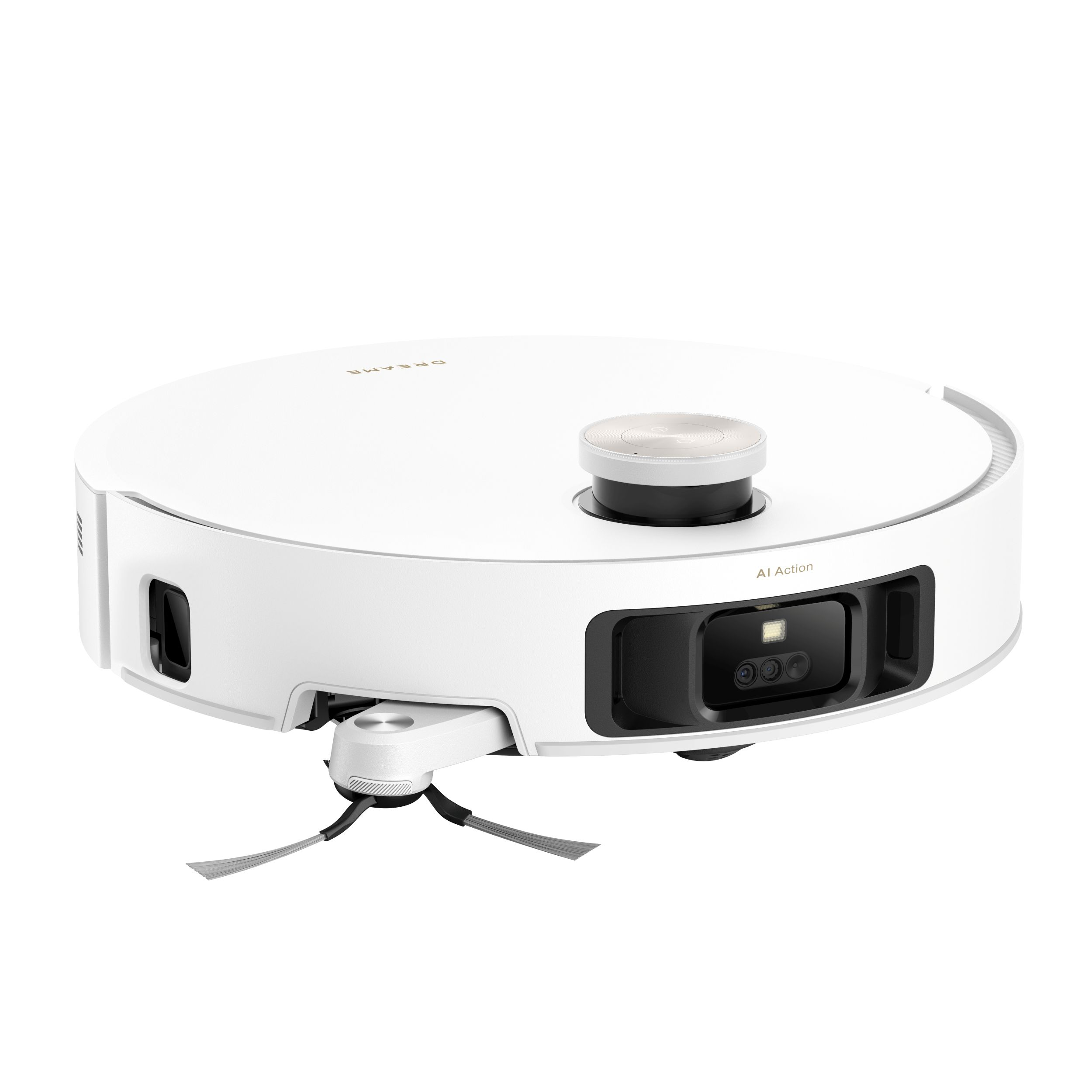 Una aspiradora robótica blanca con sensor central, cepillos laterales y una sección 'AI Action'.