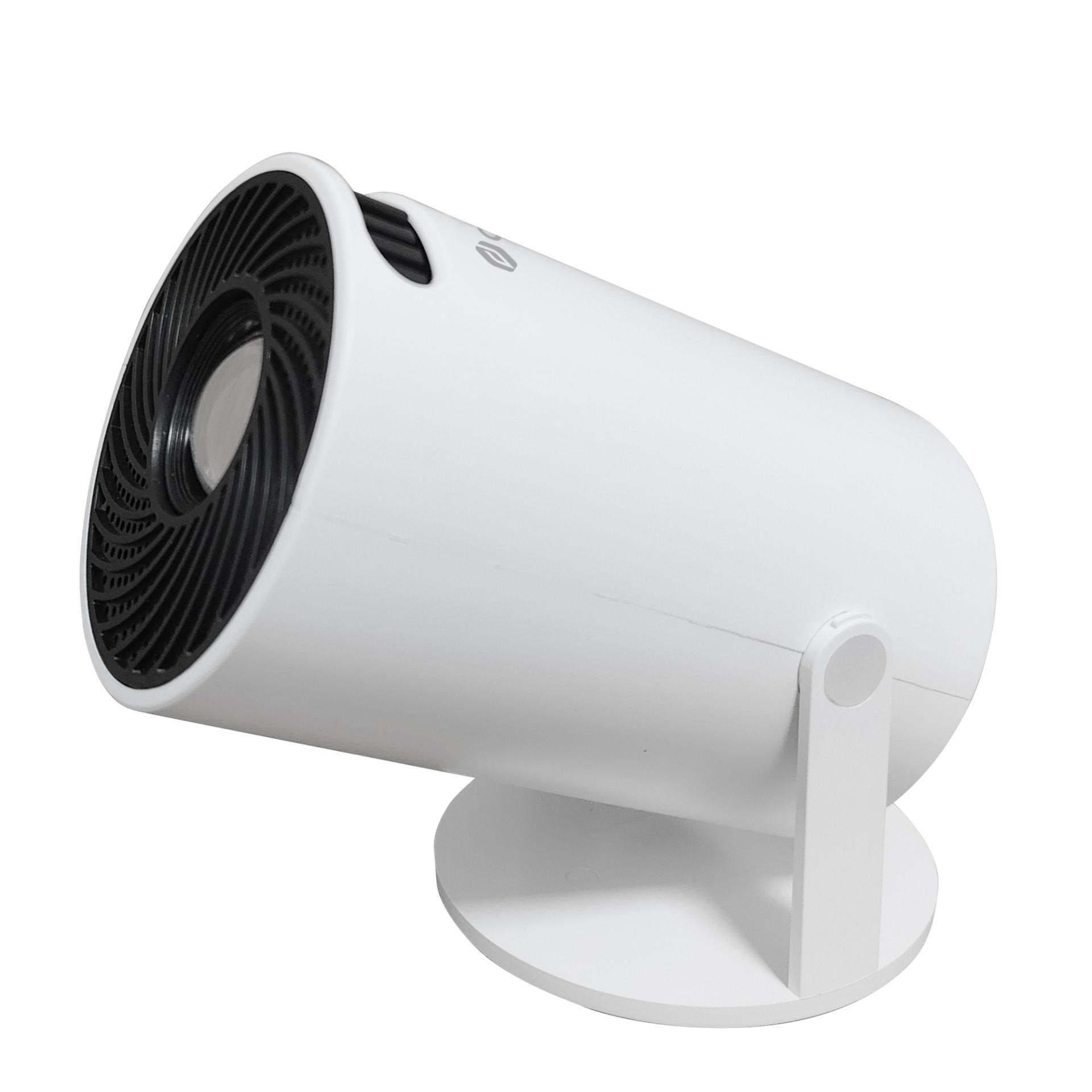Een witte cilindervormige ventilator met zwarte grill en voet.