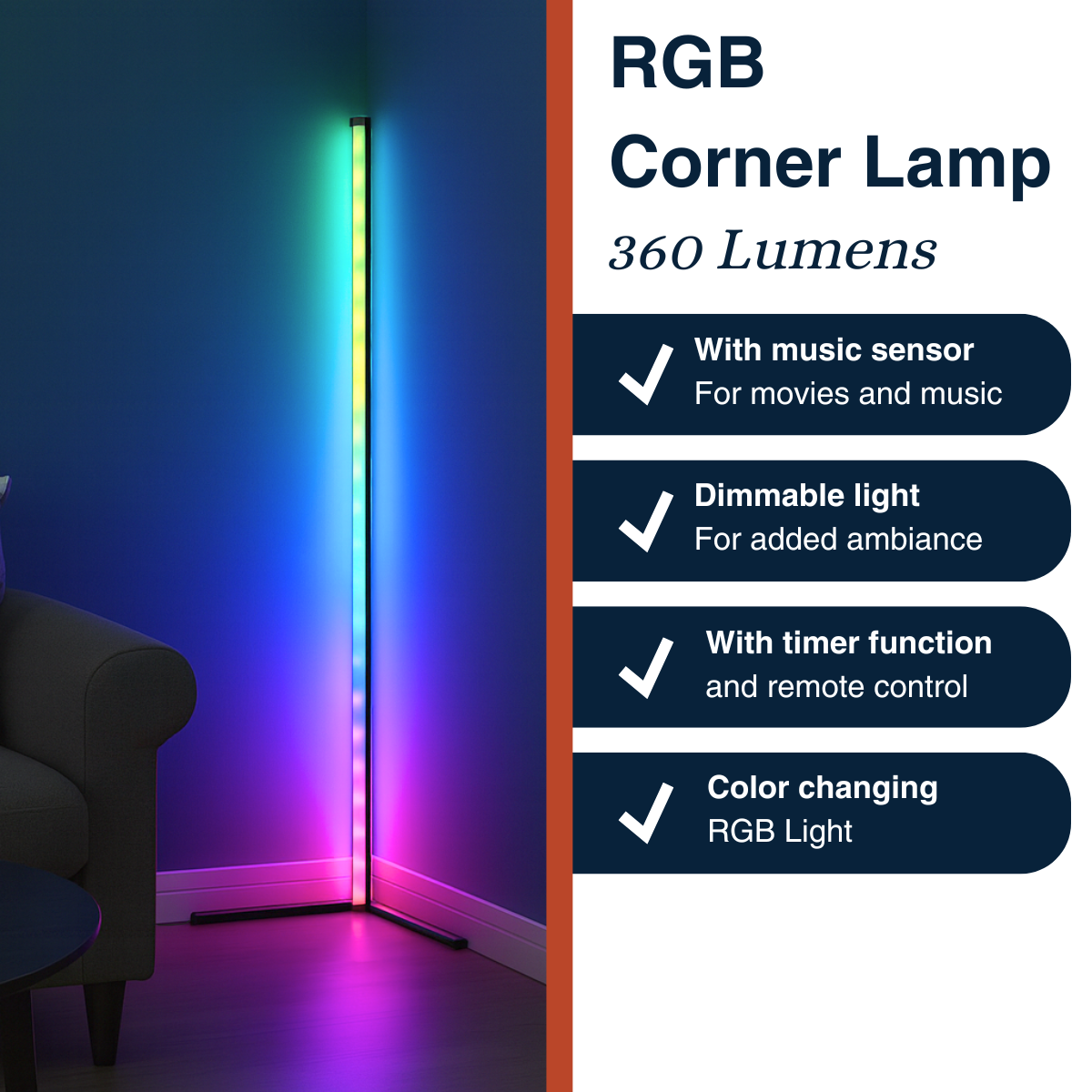 Een hoeklamp met RGB-verlichting staat in een hoek van de kamer. De lamp heeft een muzieksensor, dimbaar licht, timer en kleurveranderend RGB-licht.