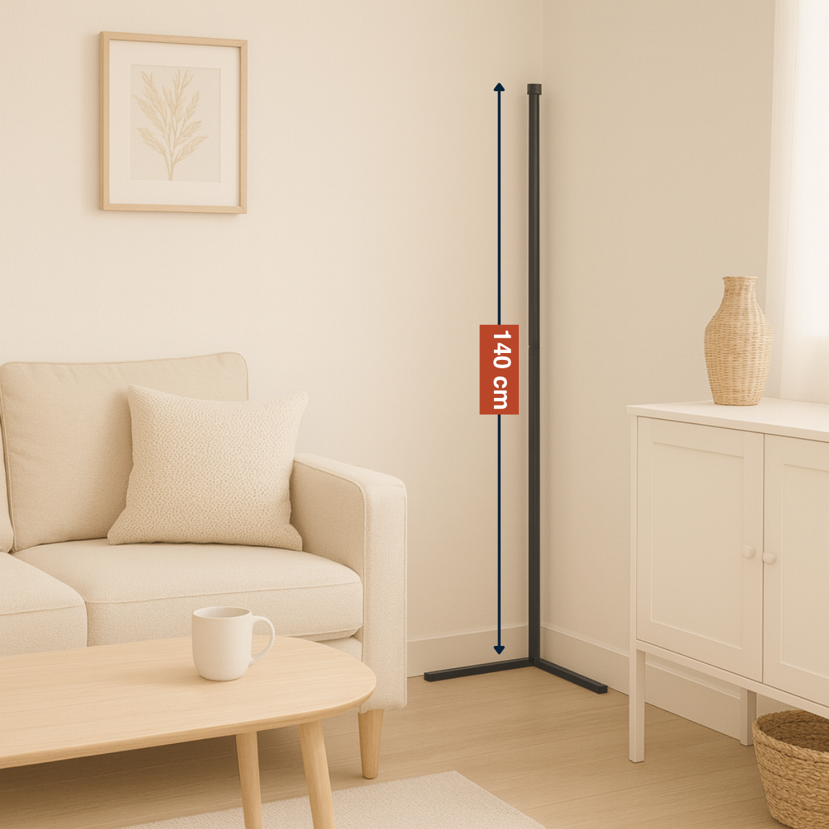 Interieur van een kamer met een beige bank, houten tafel en een hoog zwart object met een afmeting van 140 cm. Een kast en een vaas zijn ook aanwezig.