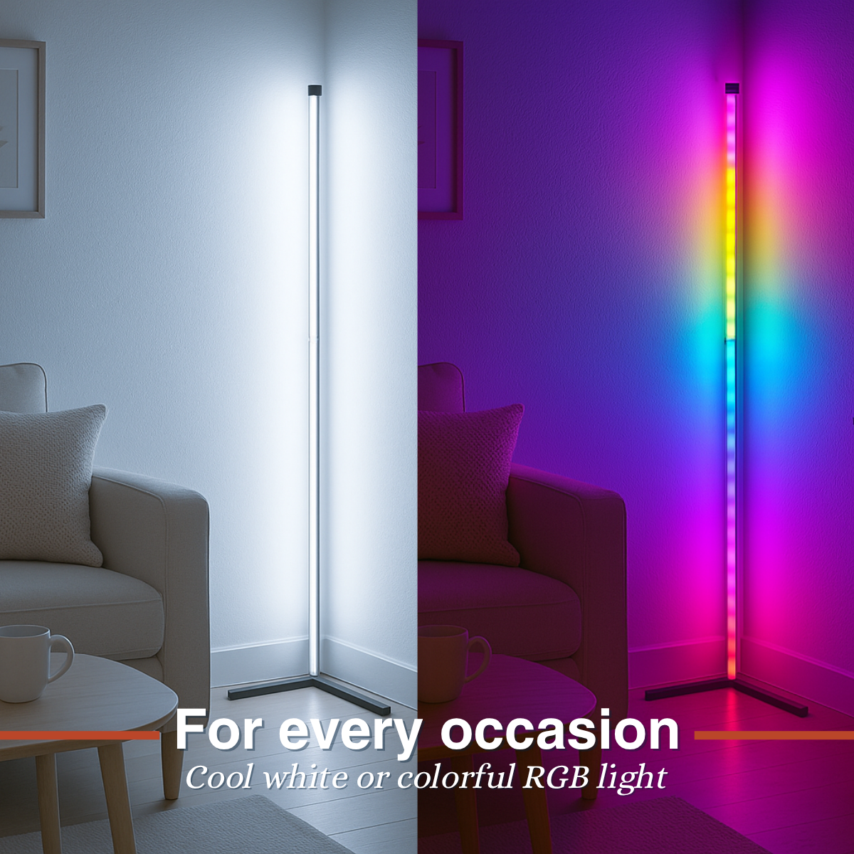 Een gesplitste afbeelding toont een witte LED-hoeklamp. Linkerkant wit verlicht, rechterkant met kleurrijke RGB. Bank, tafel en tekstoverlay.