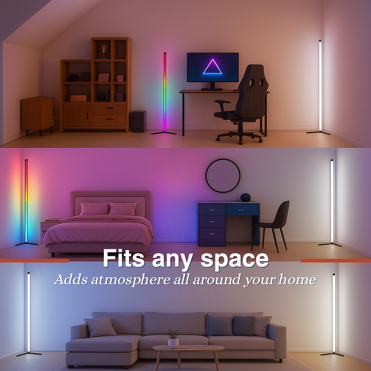 Drie kamerscènes met LED-lampen. Een bureau met monitor, een slaapkamer en een woonkamer met een bank.