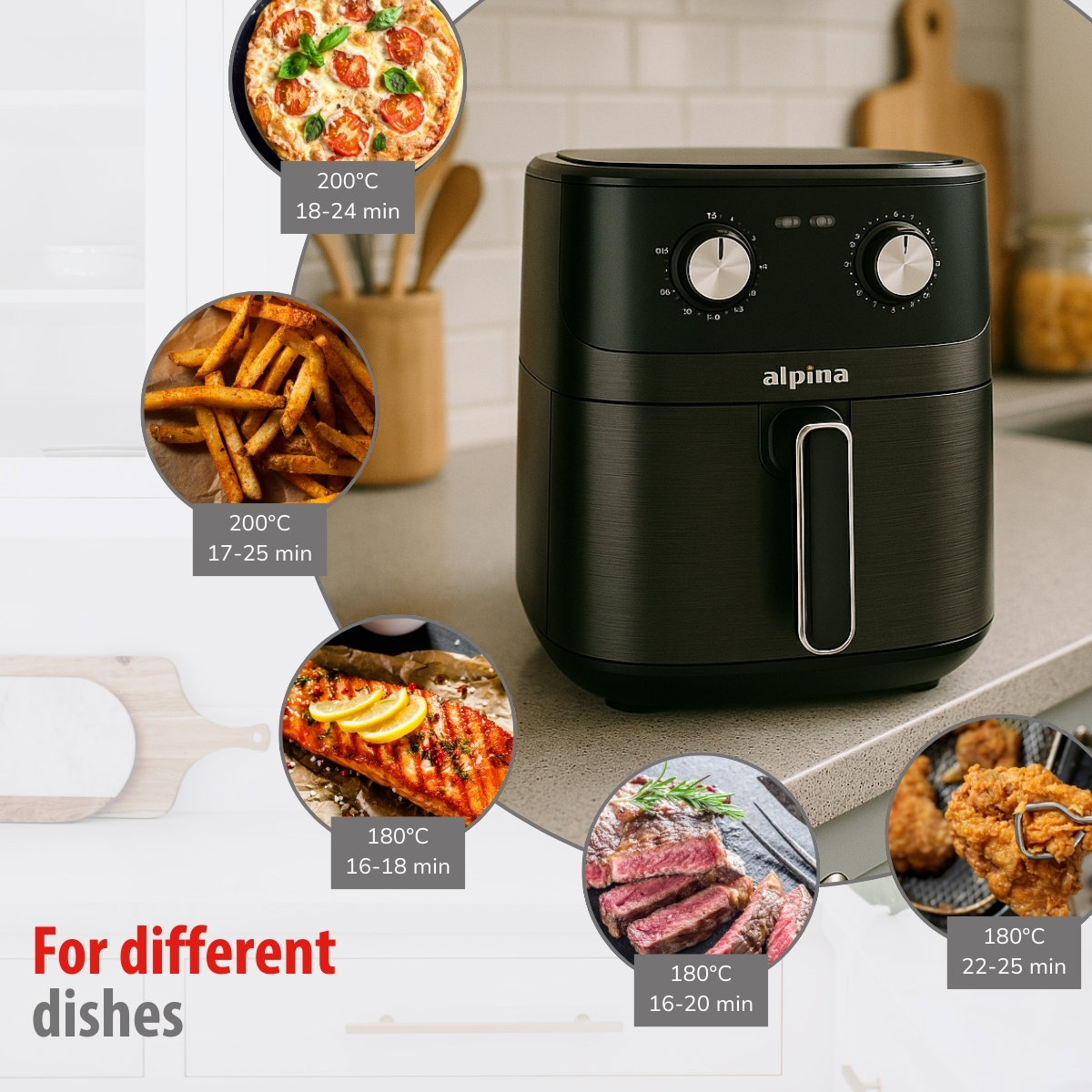 Een zwarte airfryer met diverse voedingsmiddelen eromheen, waaronder pizza, friet, zalm, biefstuk en gefrituurde kip, met kooktijden en temperaturen.