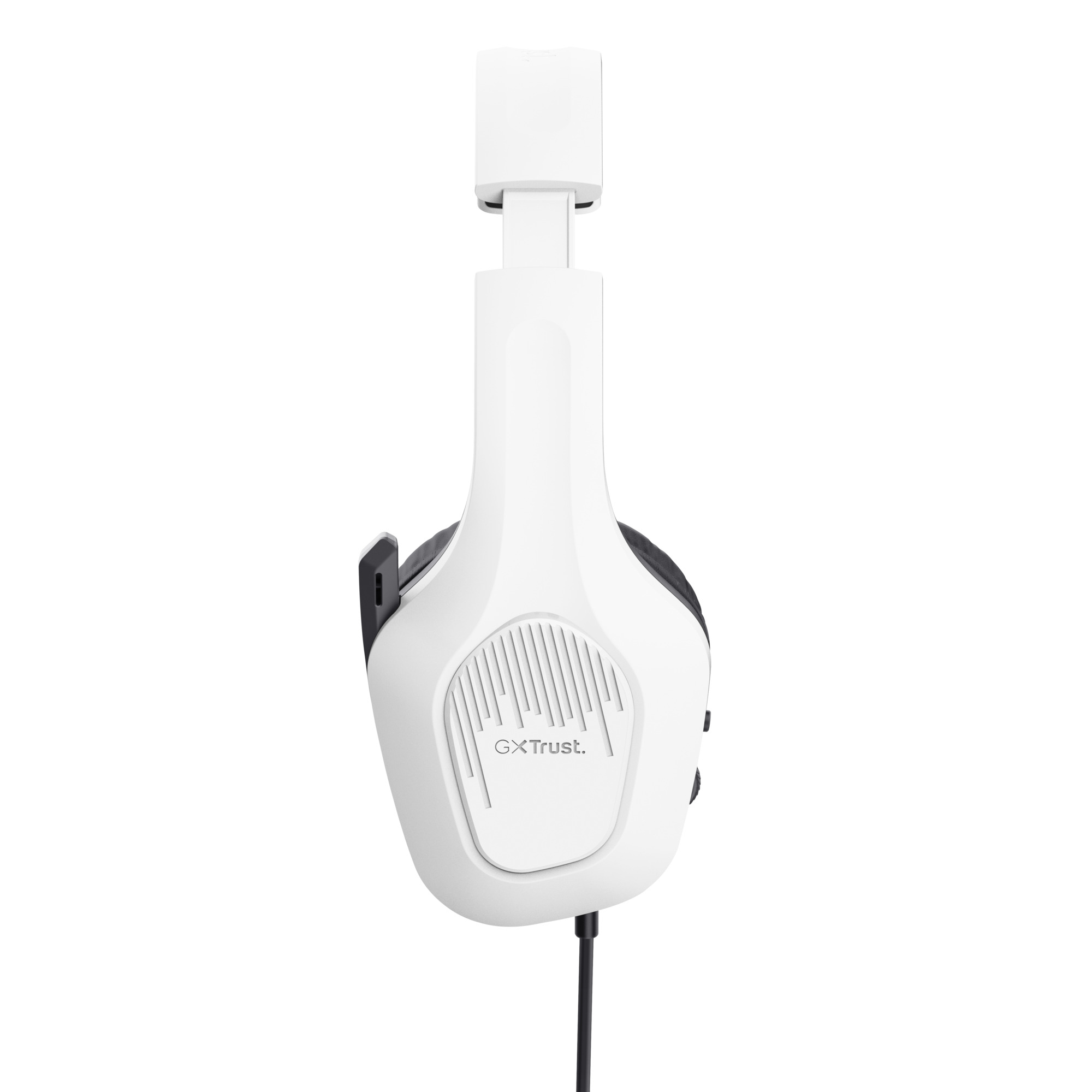 Witte headset met zwarte accenten, een microfoon en een kabel. 'GXTrust' logo zichtbaar. Op witte achtergrond.