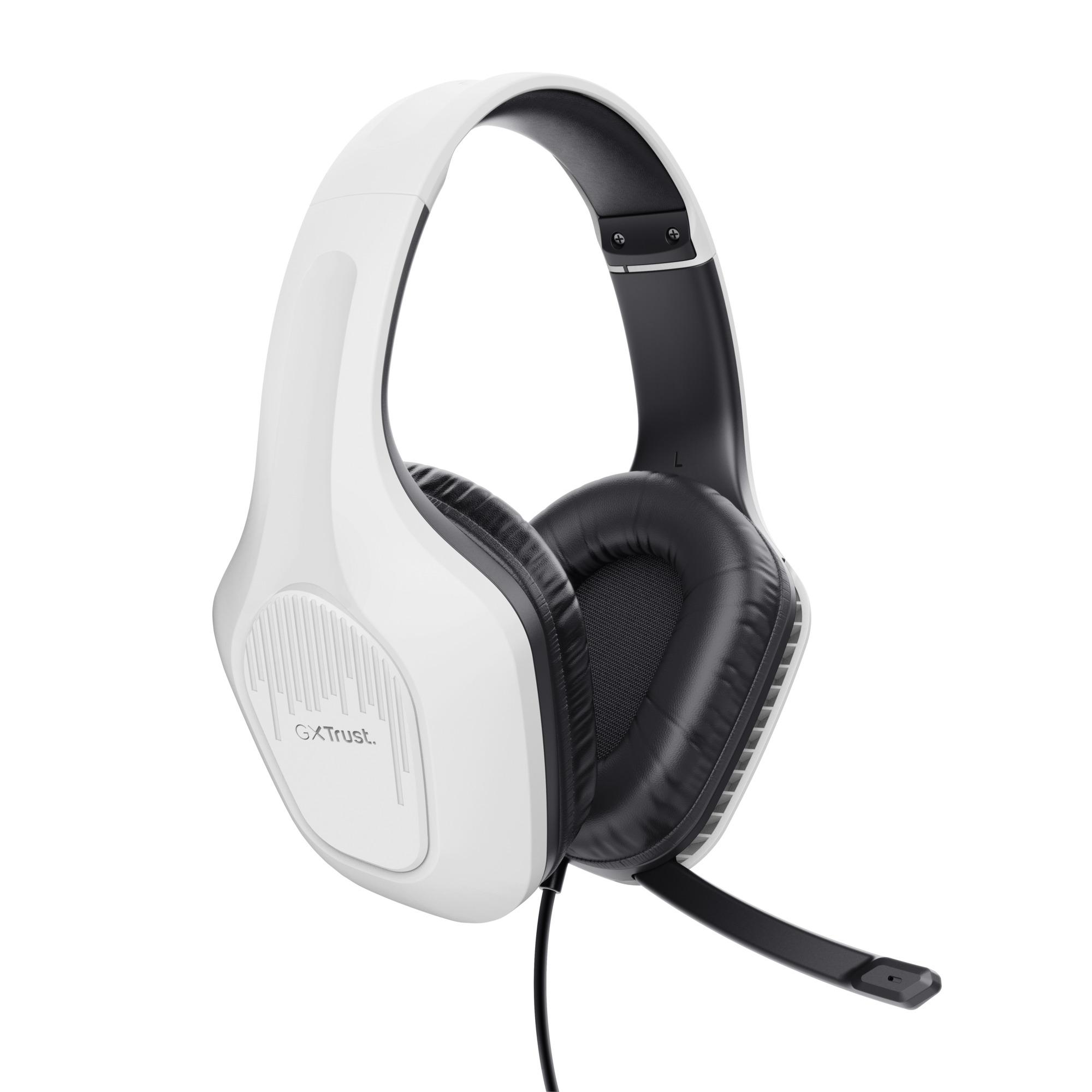 Witte en zwarte gamingheadset met een microfoon. De headset heeft een wit frame en zwarte oorschelpen en microfoon.