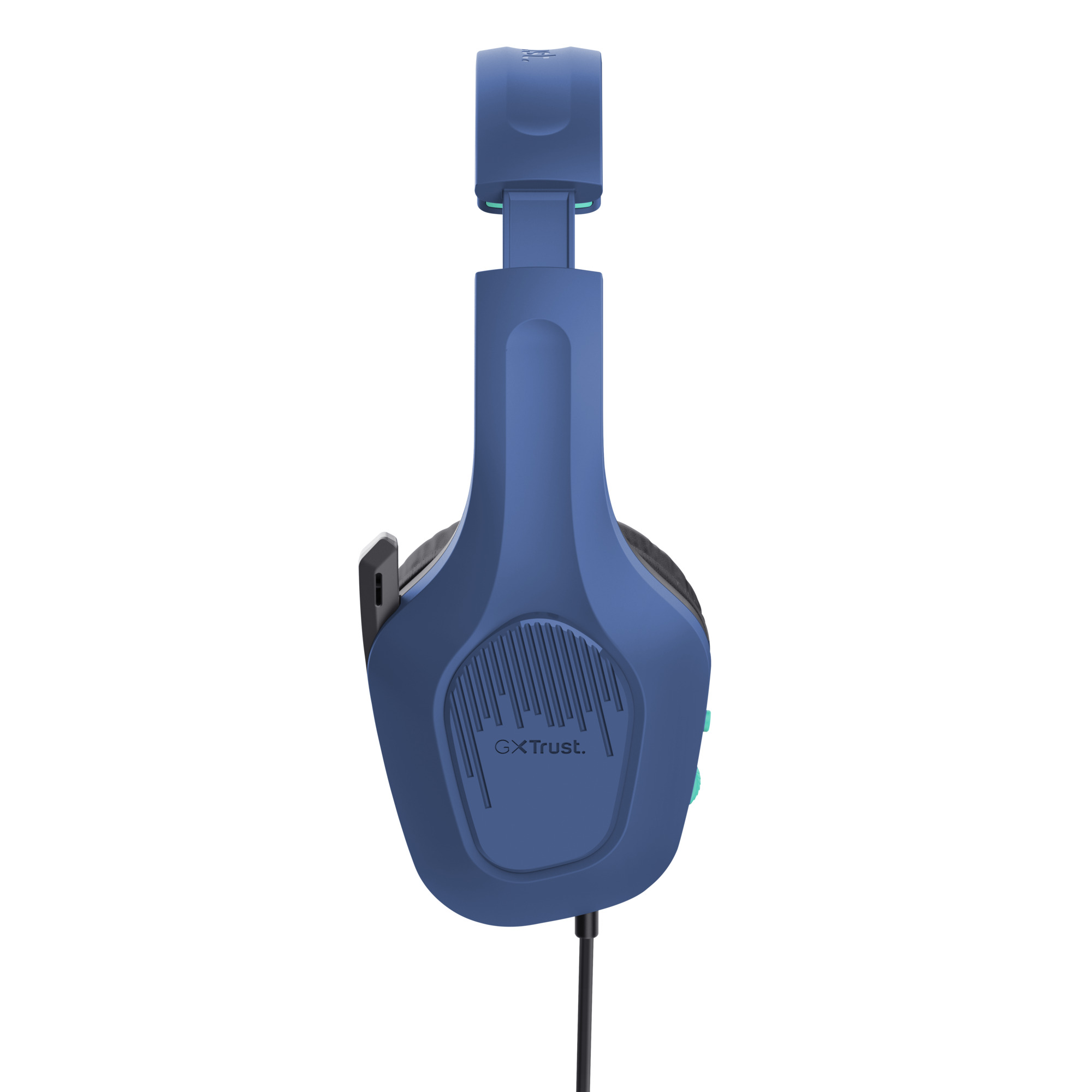 Blauwe koptelefoon met zwarte kabel, op witte achtergrond. De merknaam GX Trust is zichtbaar.