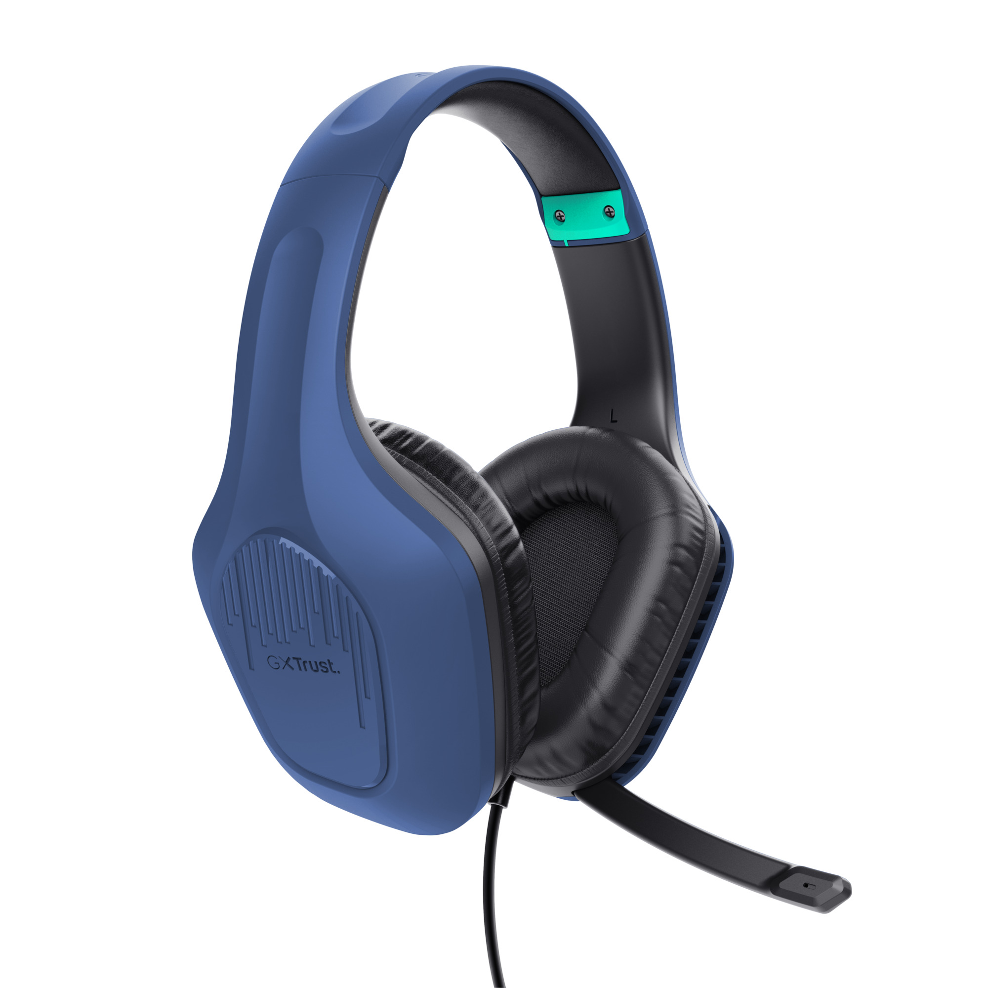 Blauwe en zwarte gaming headset met microfoon. De merknaam is GXTrust.