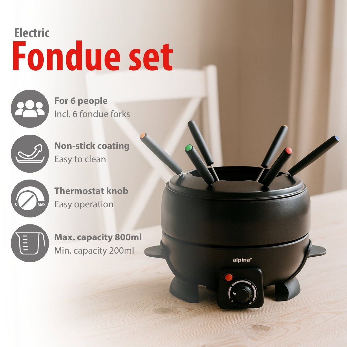 Ein schwarzes elektrisches Fondue-Set mit Gabeln. Text: 'Fondue-Set', 'Für 6 Personen', 'Antihaftbeschichtung' und 'Thermostatknopf'.