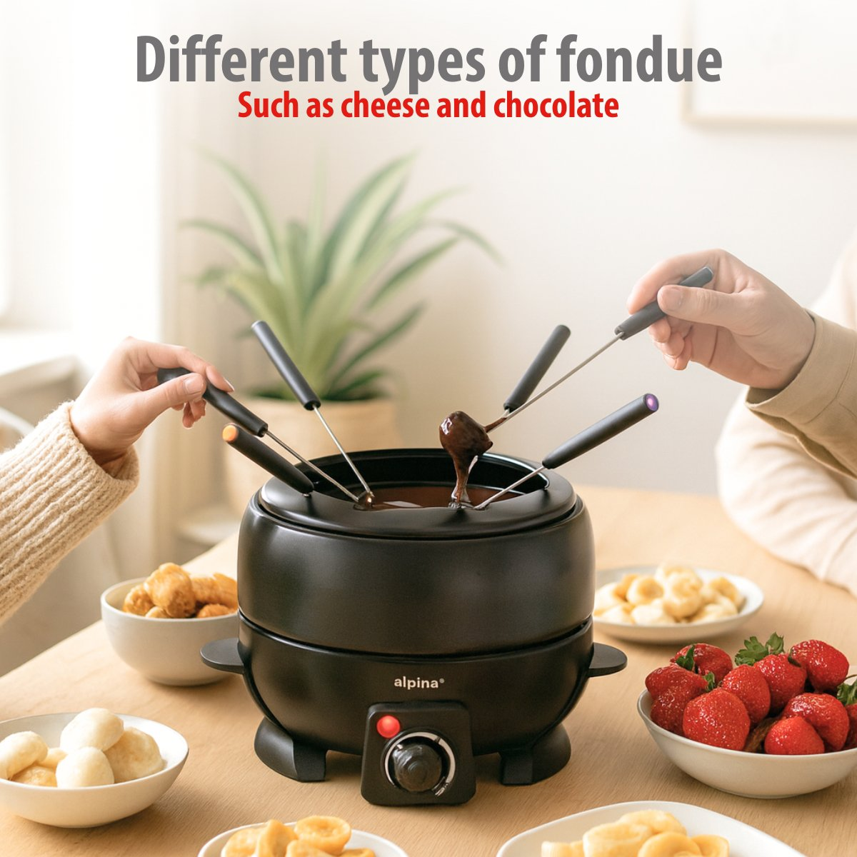 Ein schwarzer Fondue-Topf mit Schokolade. Eintauchen von Lebensmitteln wie Erdbeeren, Bananen und Brot. Hände halten Gabeln. Text: Verschiedene Arten von Fondue.