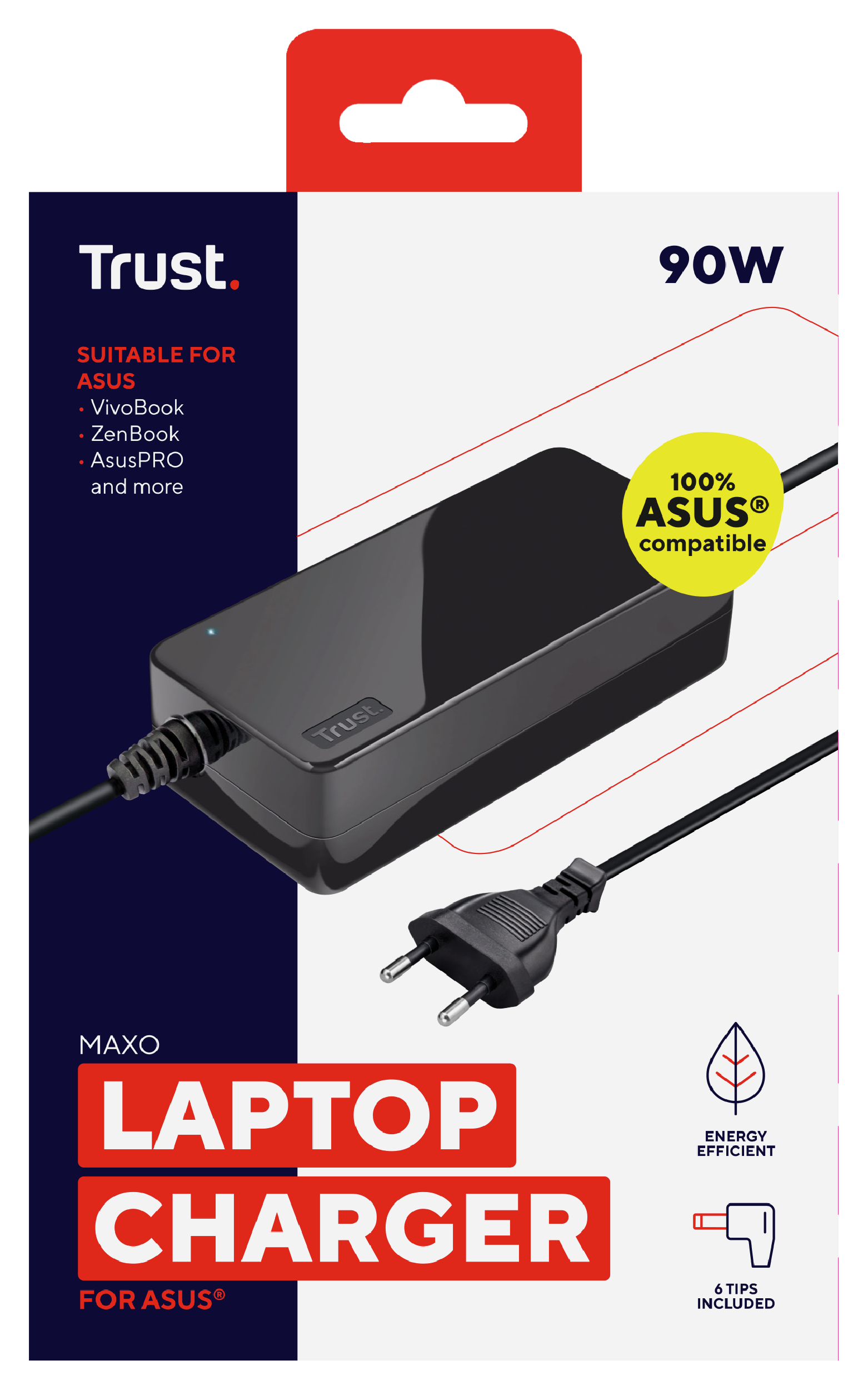 A laptop charger box shows the charger and plug. Text includes Trust, 90W, and 'Laptop Charger for ASUS'.