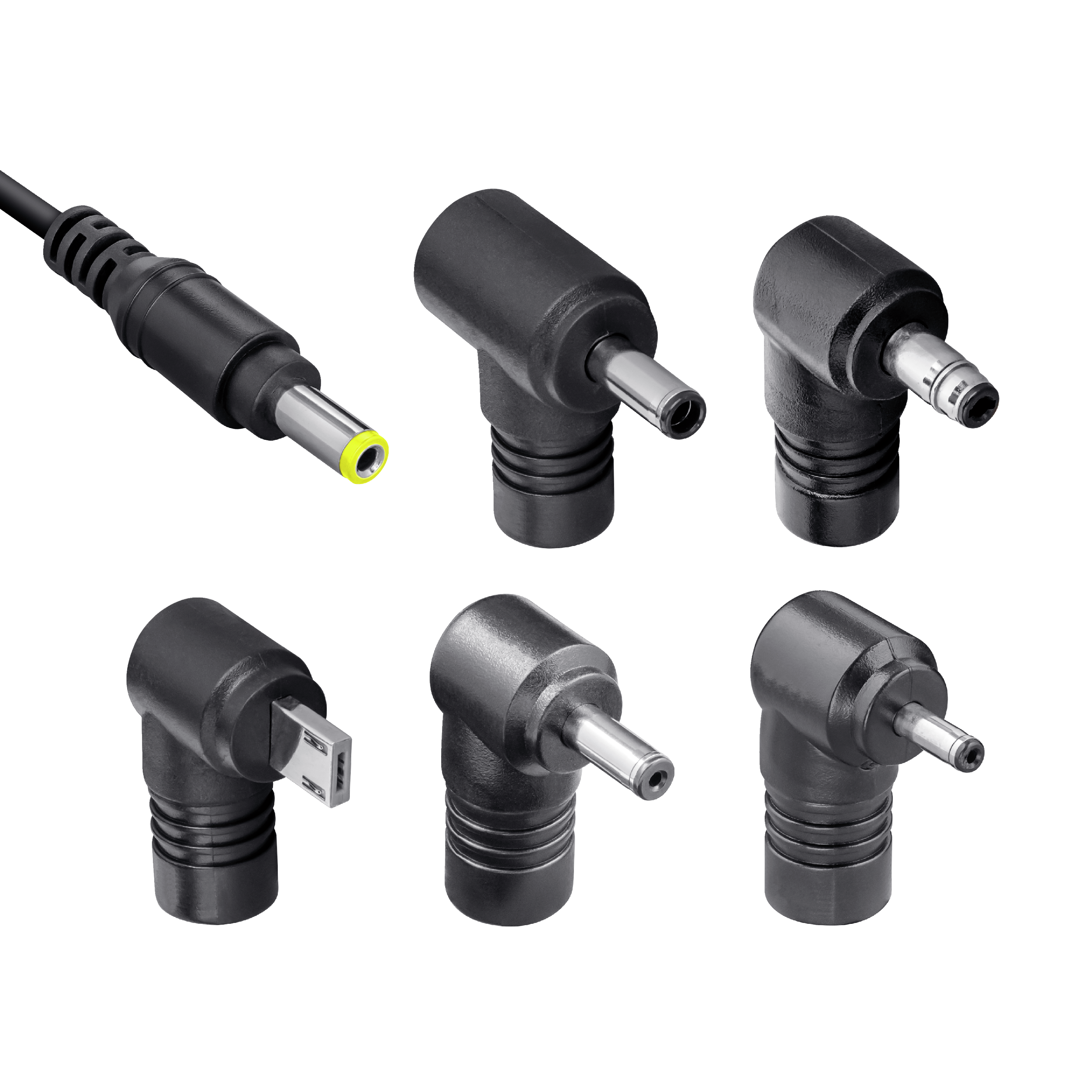 Image shows six black power adapter connectors against a white background. One has a yellow ring.