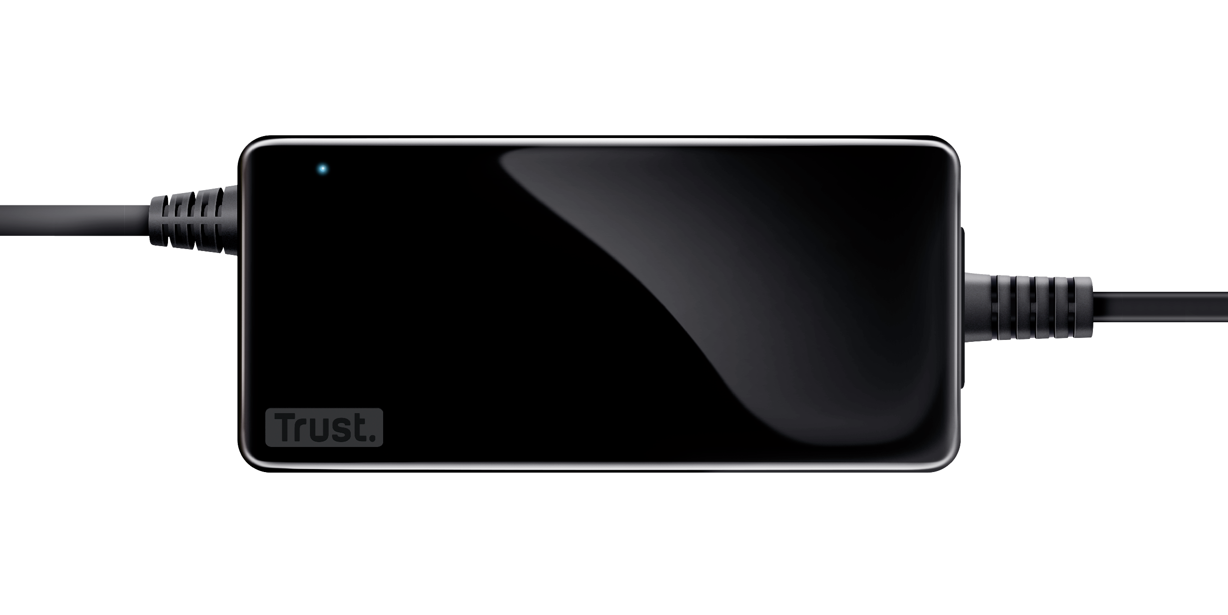 Schwarzes Trust-Netzteil mit Kabeln, blauem Licht und Logo. Glänzende Oberfläche auf weißem Hintergrund.