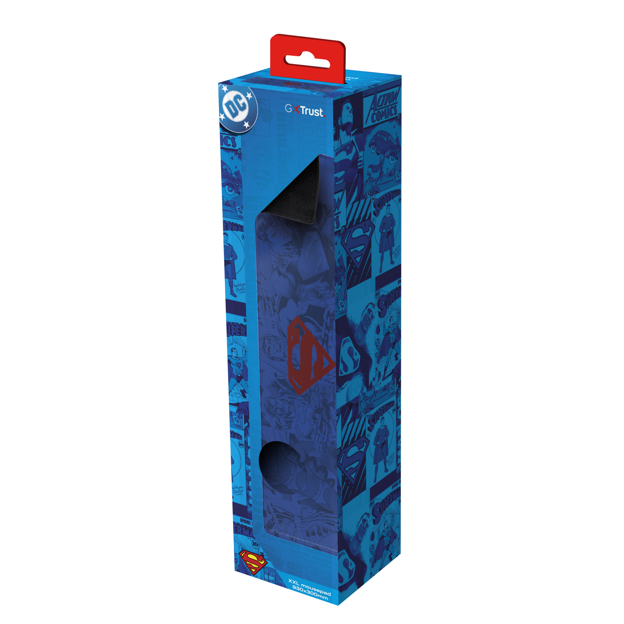 Een hoge doos met een Superman-muismat erin. De doos is blauw met Superman-strips en een rode handgreep.